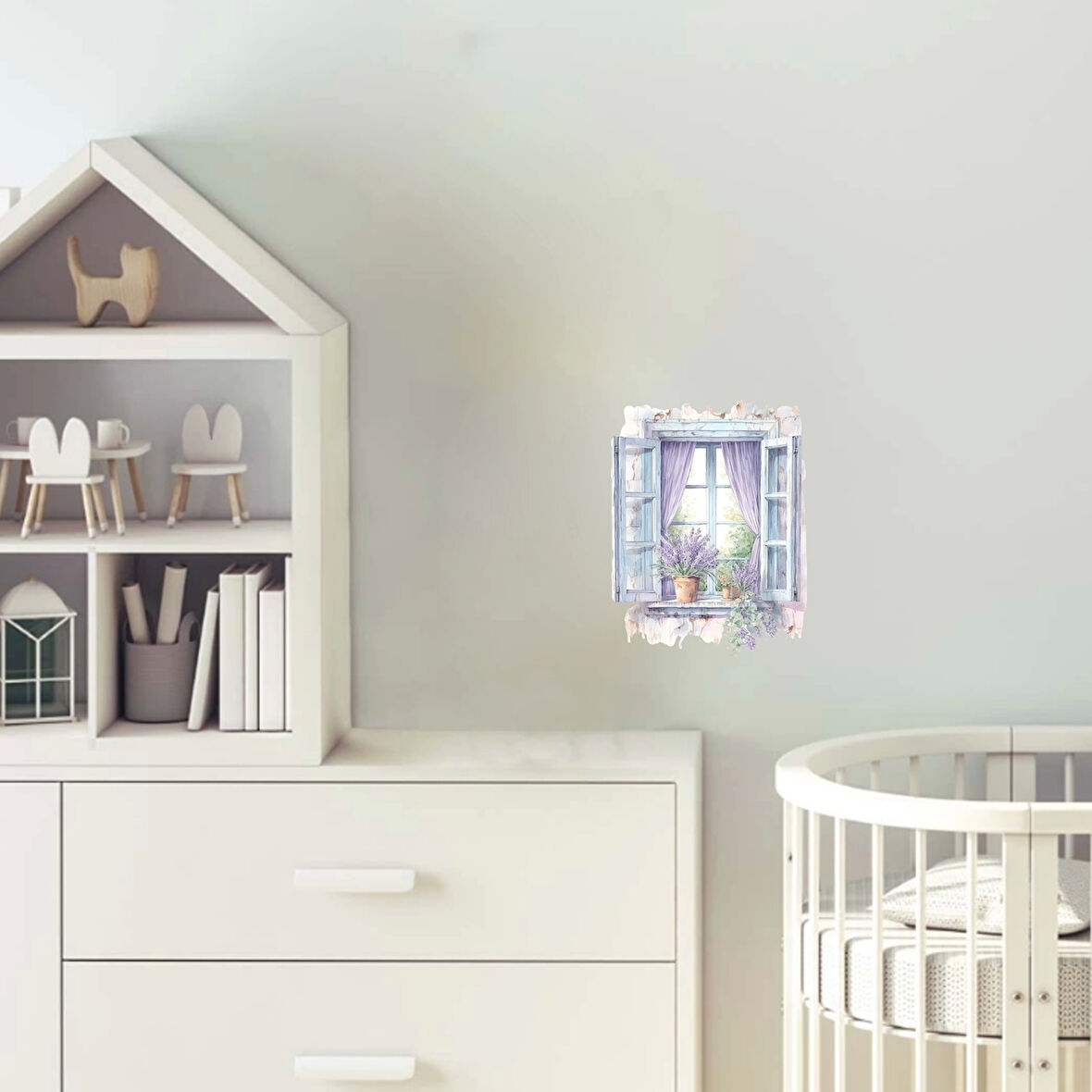 Mor Panjurlu ve Lavanta Saksılı Pencere Duvar Stickerı