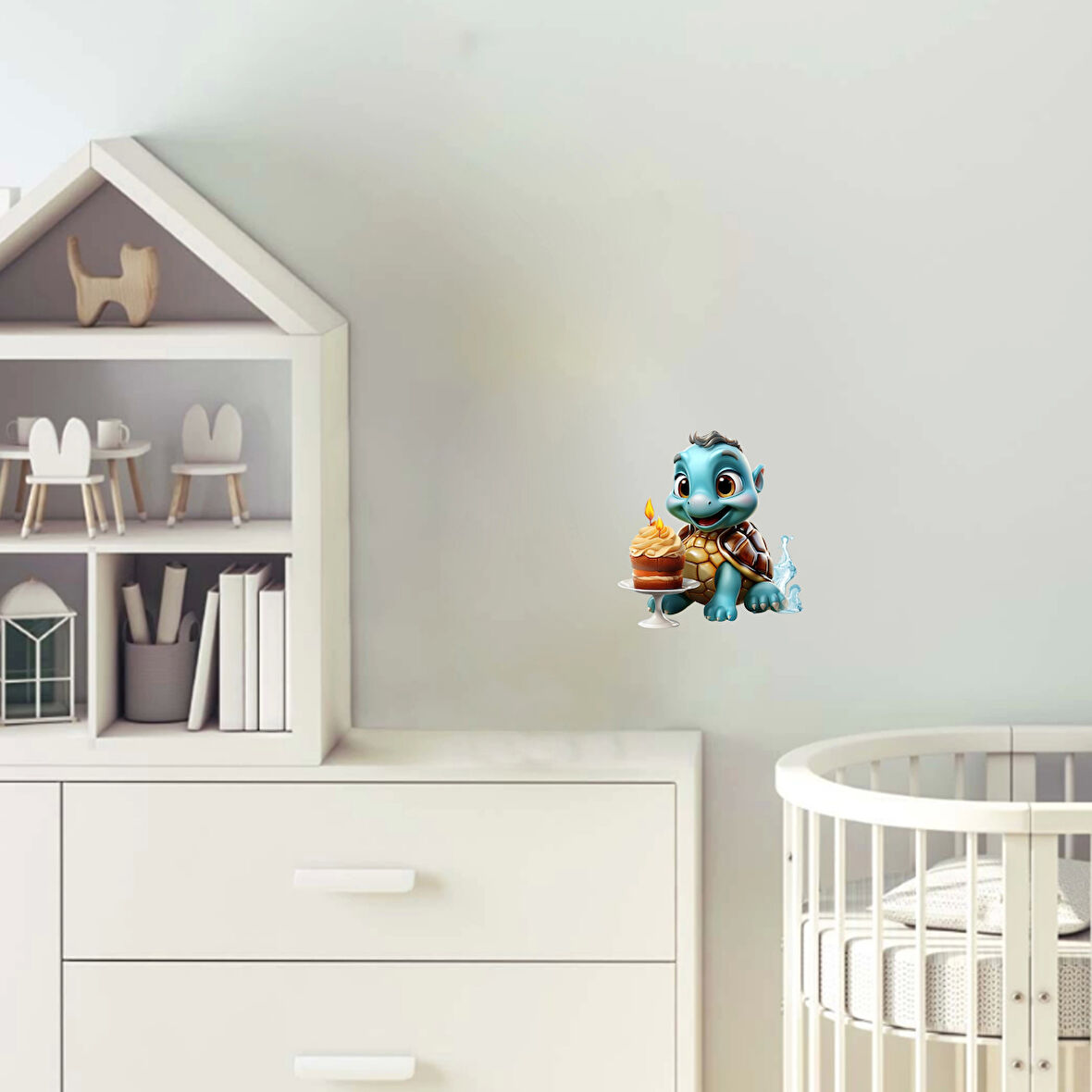 Mavi Kaplumbağa ve Mumlu Pasta Duvar Stickerı