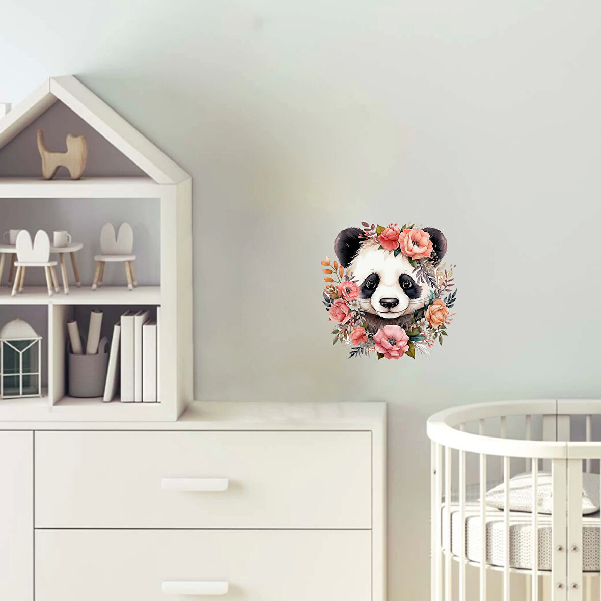Pembe ve Krem Rengi Çiçek Taçlı Panda Duvar Stickerı