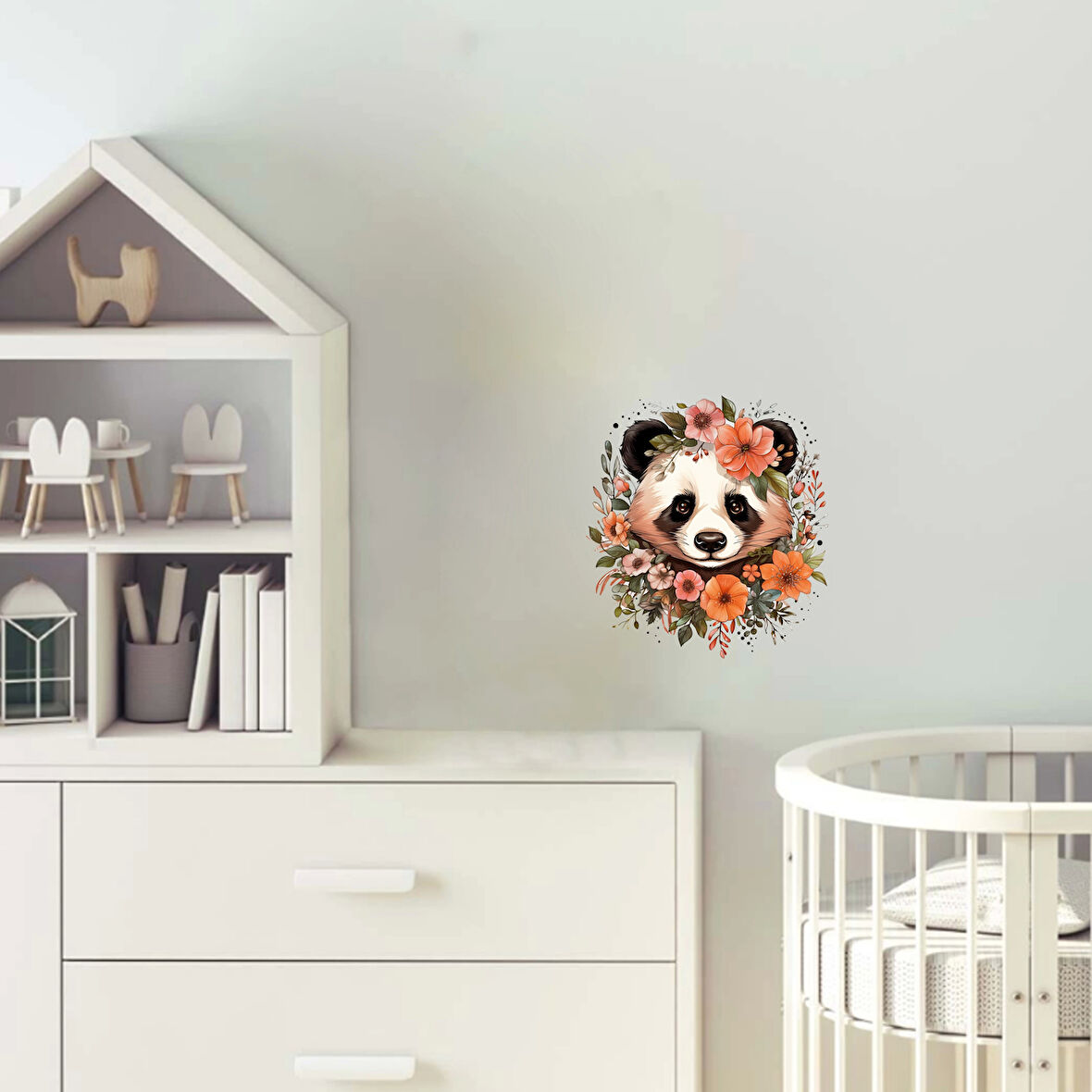 Turuncu Çiçekli Panda Kafası Duvar Stickerı