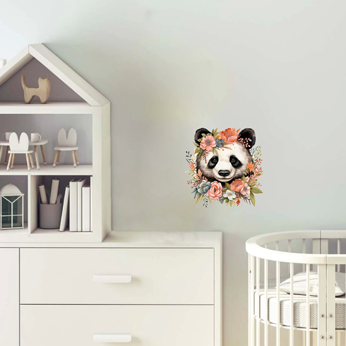 Şeftali ve Mavi Tonlarında Çiçek Taçlı Panda Duvar Stickerı