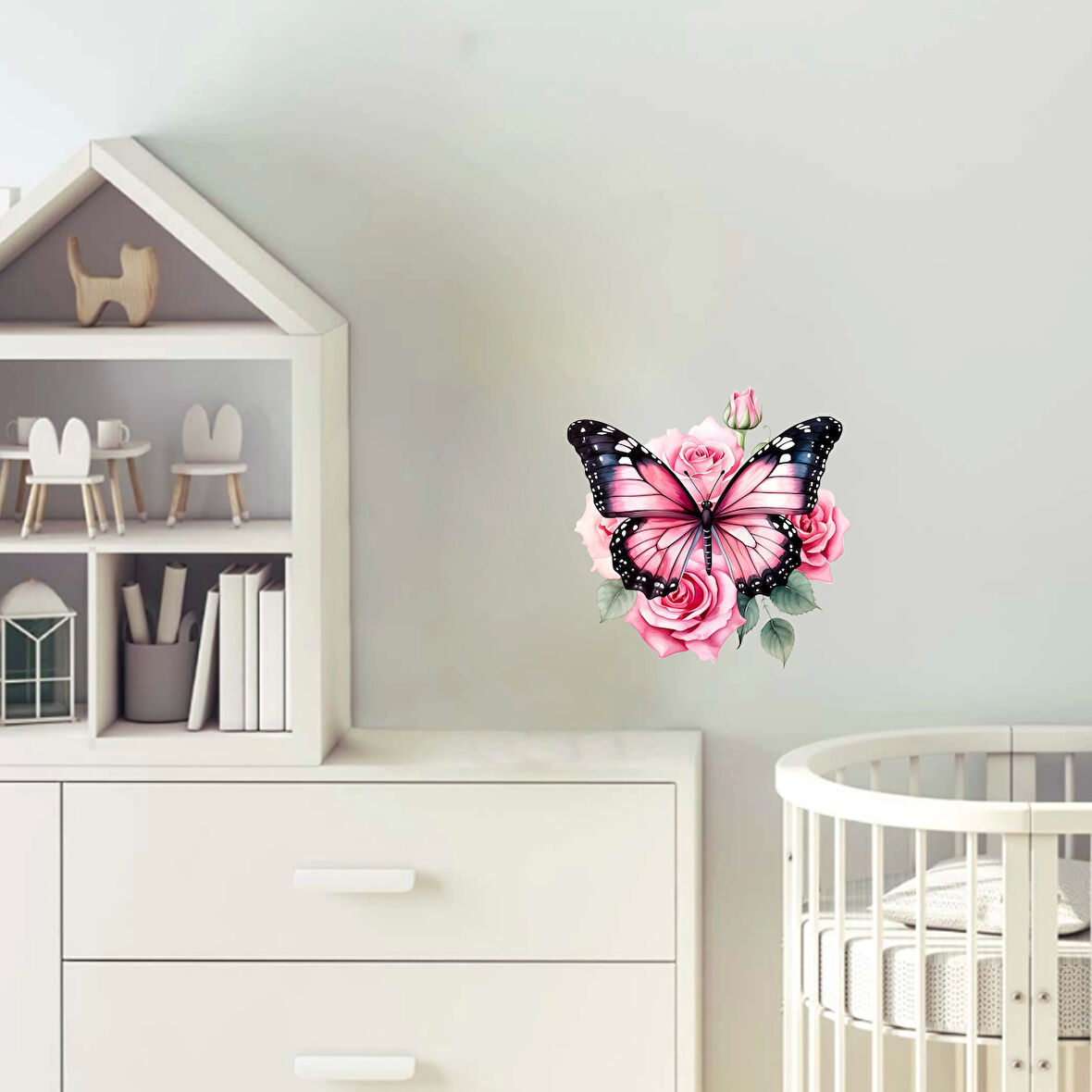 Pembe Güller ve Kelebek Duvar Stickerı