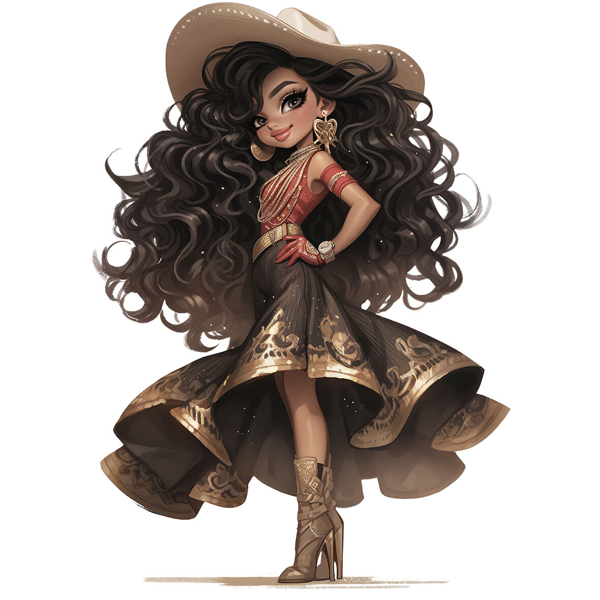 Kırmızı Üstlü ve Süslü Etekli Kovboy Kız Duvar Stickerı