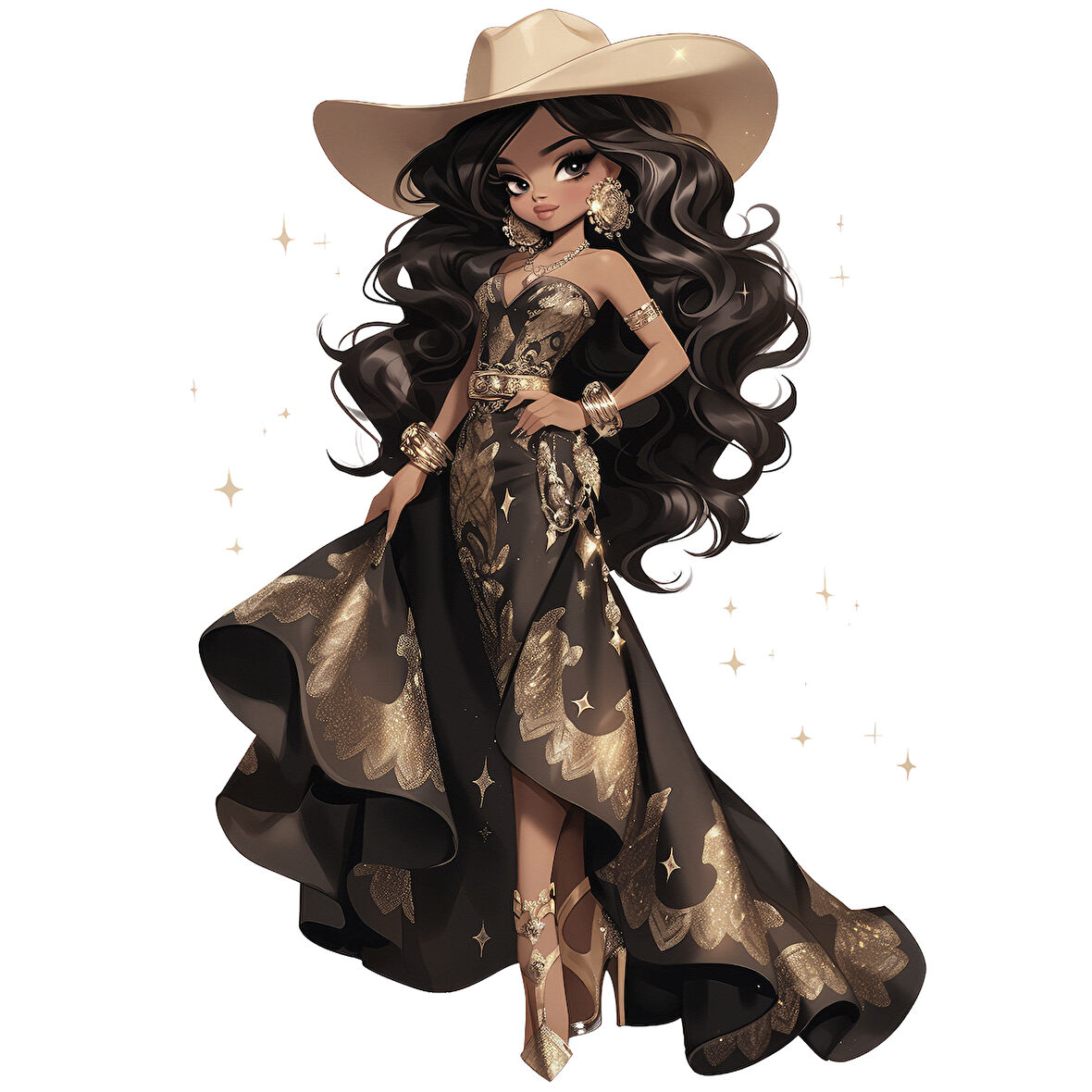 Siyah ve Altın Uzun Elbiseli Zarif Kovboy Kız Duvar Stickerı