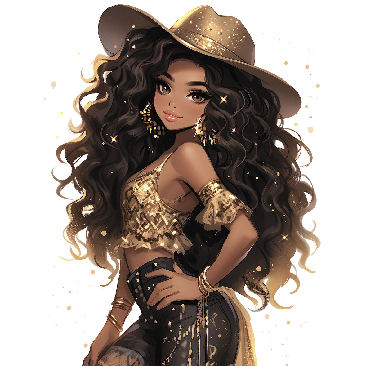 Altın Parıltılı Bluzlu Şık Kovboy Kız Duvar Stickerı