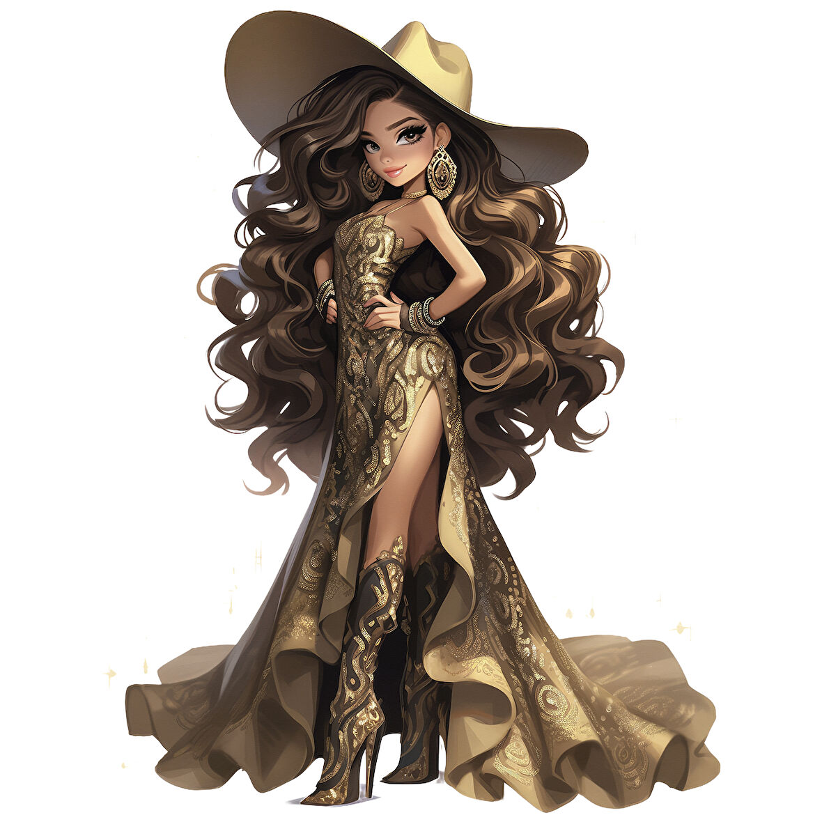 Uzun Katlı Altın Elbiseli Kovboy Kız Duvar Stickerı
