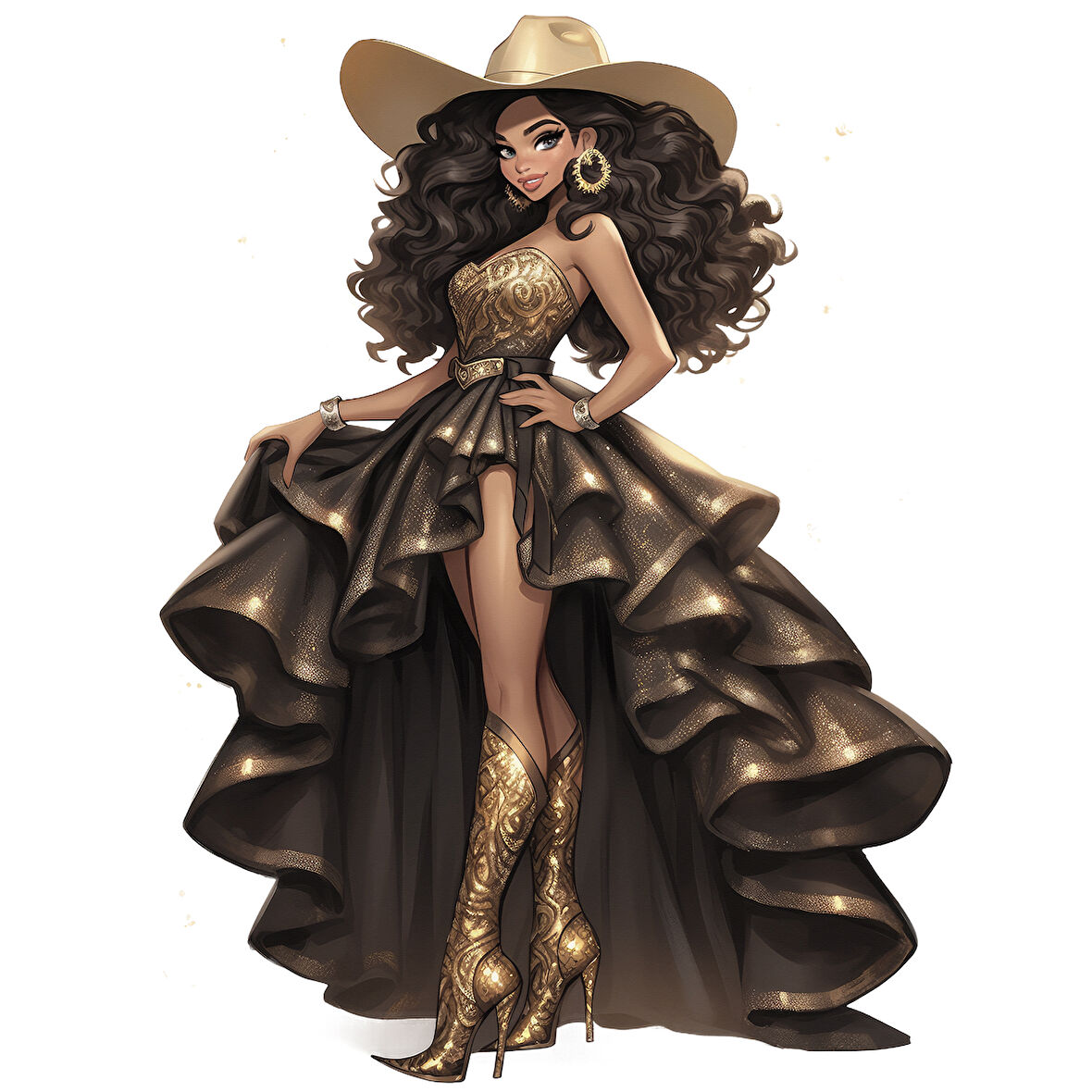 Kabarık Altın Etekli Şapkalı Kovboy Kız Duvar Stickerı