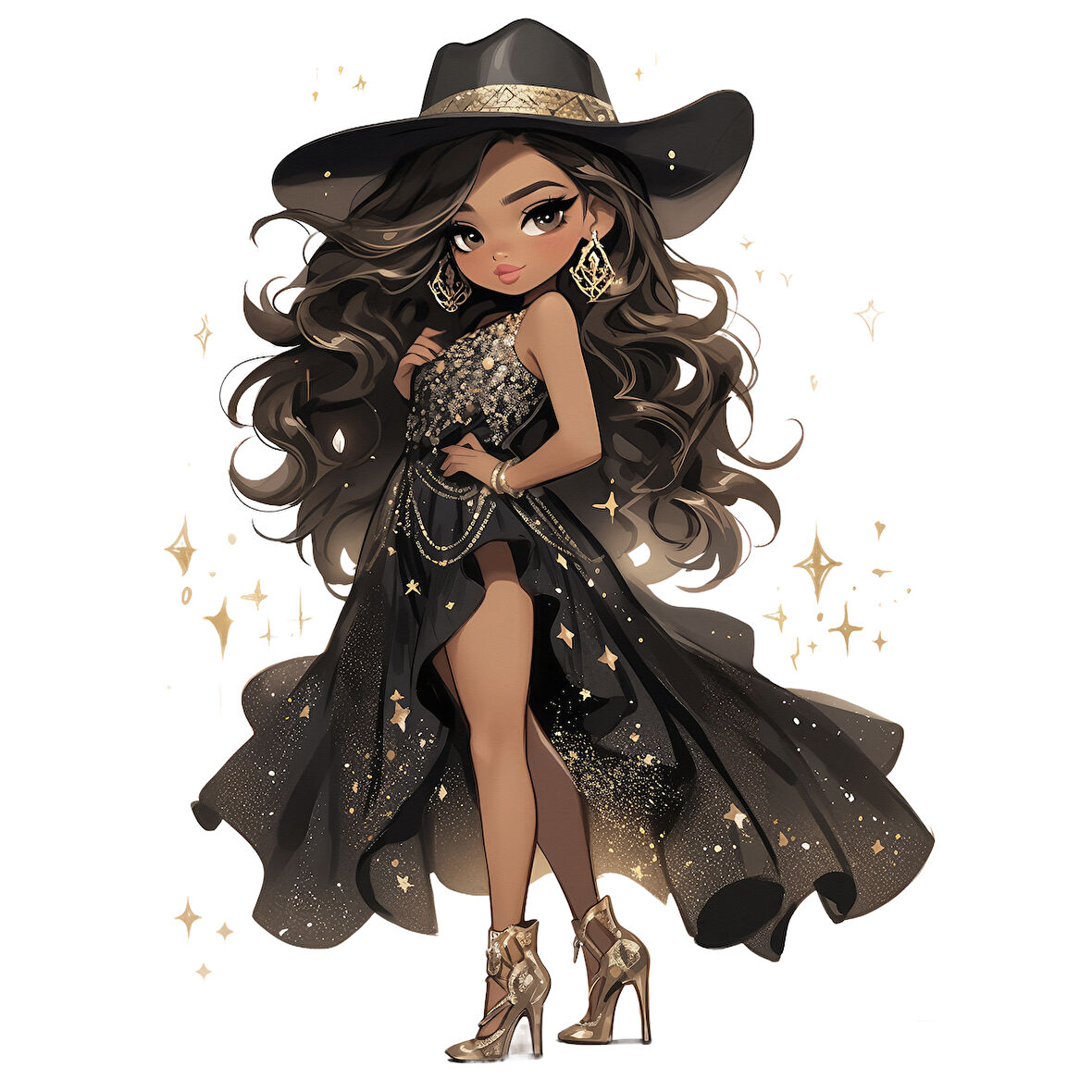 Siyah ve Altın Işıltılı Elbiseli Kovboy Kız Duvar Stickerı