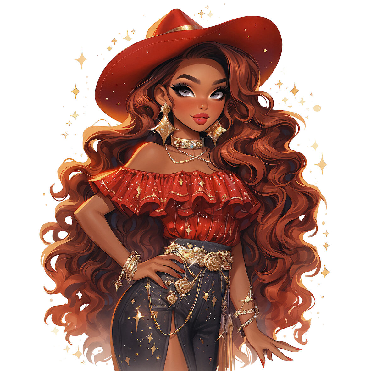 Kırmızı Şapkalı ve Simli Elbiseli Kovboy Kız Duvar Stickerı