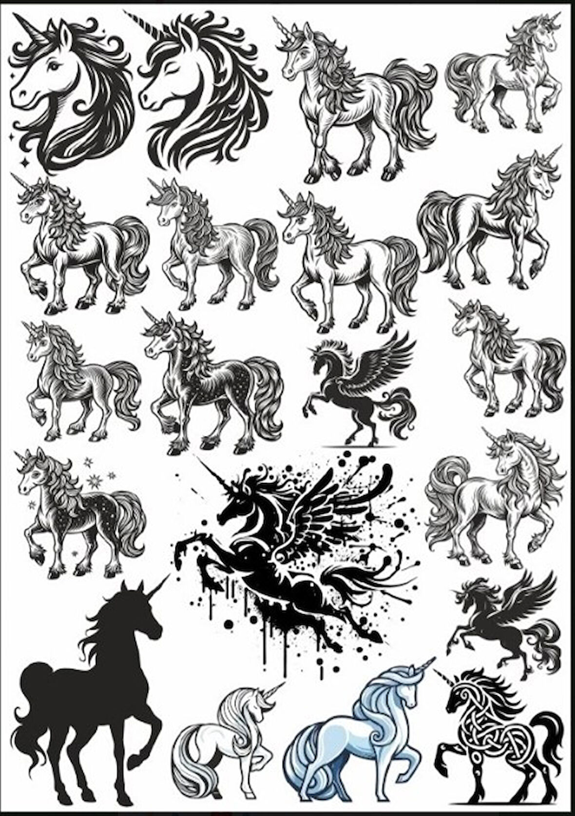Siyah Beyaz Unicorn Sticker Set