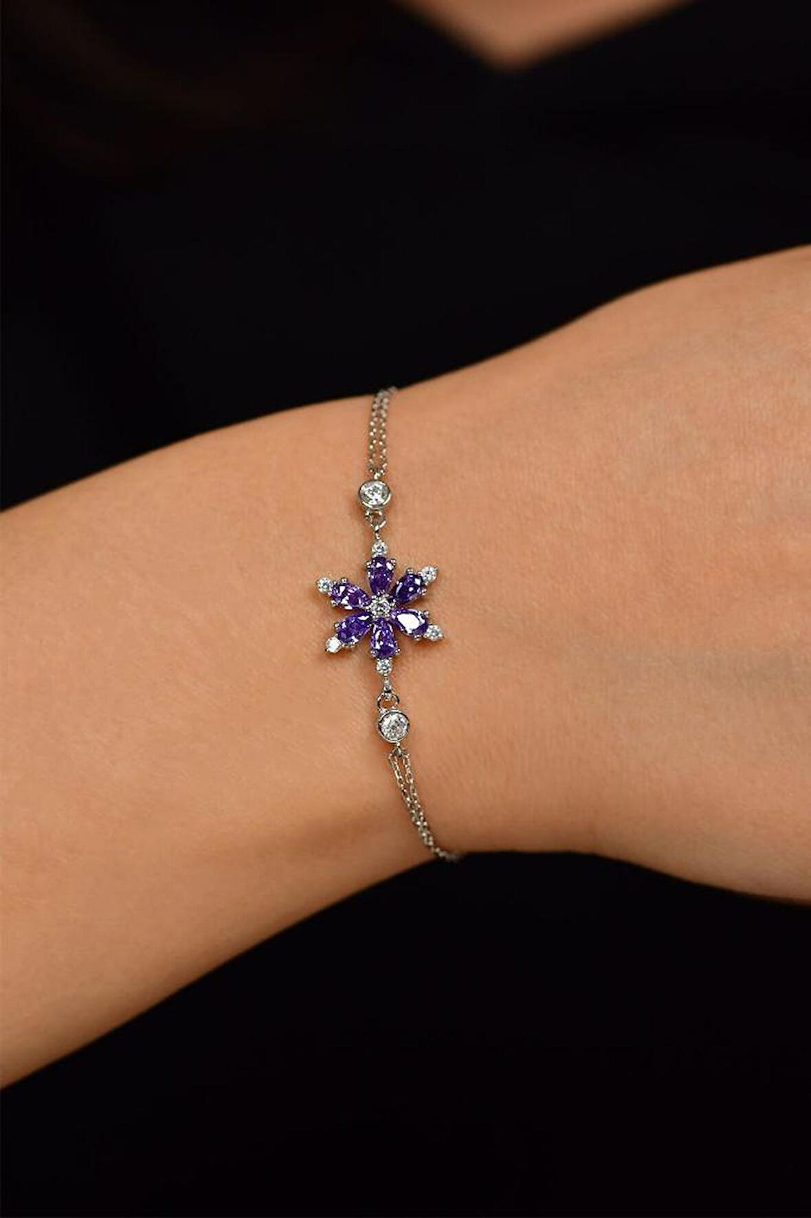 Ametist Taşlı Rodyum Lotus Çiçeği Gümüş Bileklik