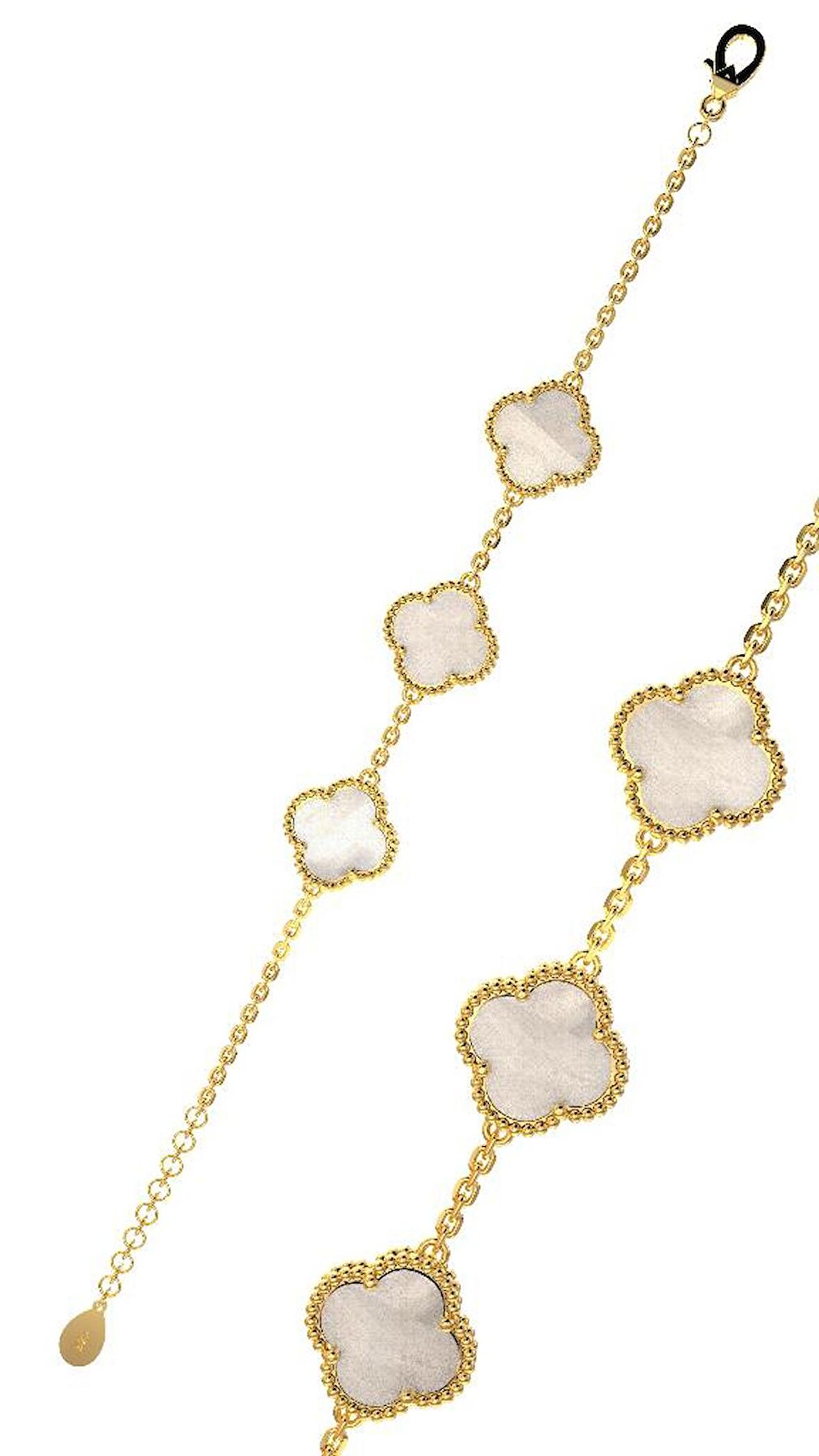 925 Ayar Beyaz Sedef Taşlı Gold Van Cleef Üçlü Yonca Gümüş Bileklik