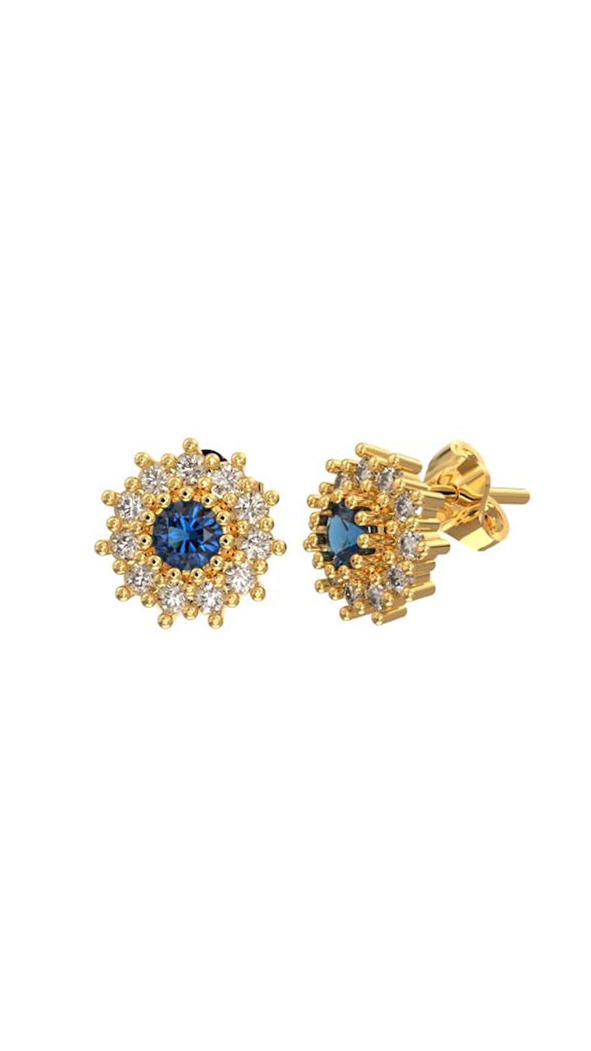 Safir Taşlı Gold Yuvarlak Anturaj Minimal Çivili Gümüş Küpe RE10147