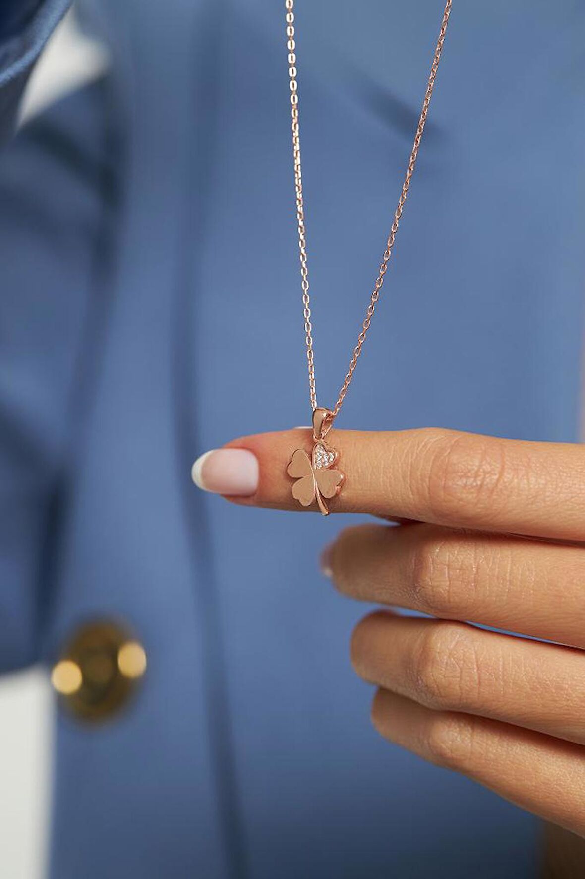 Zirkon Taşlı Rose Dört Yapraklı Yonca Gümüş Kolye