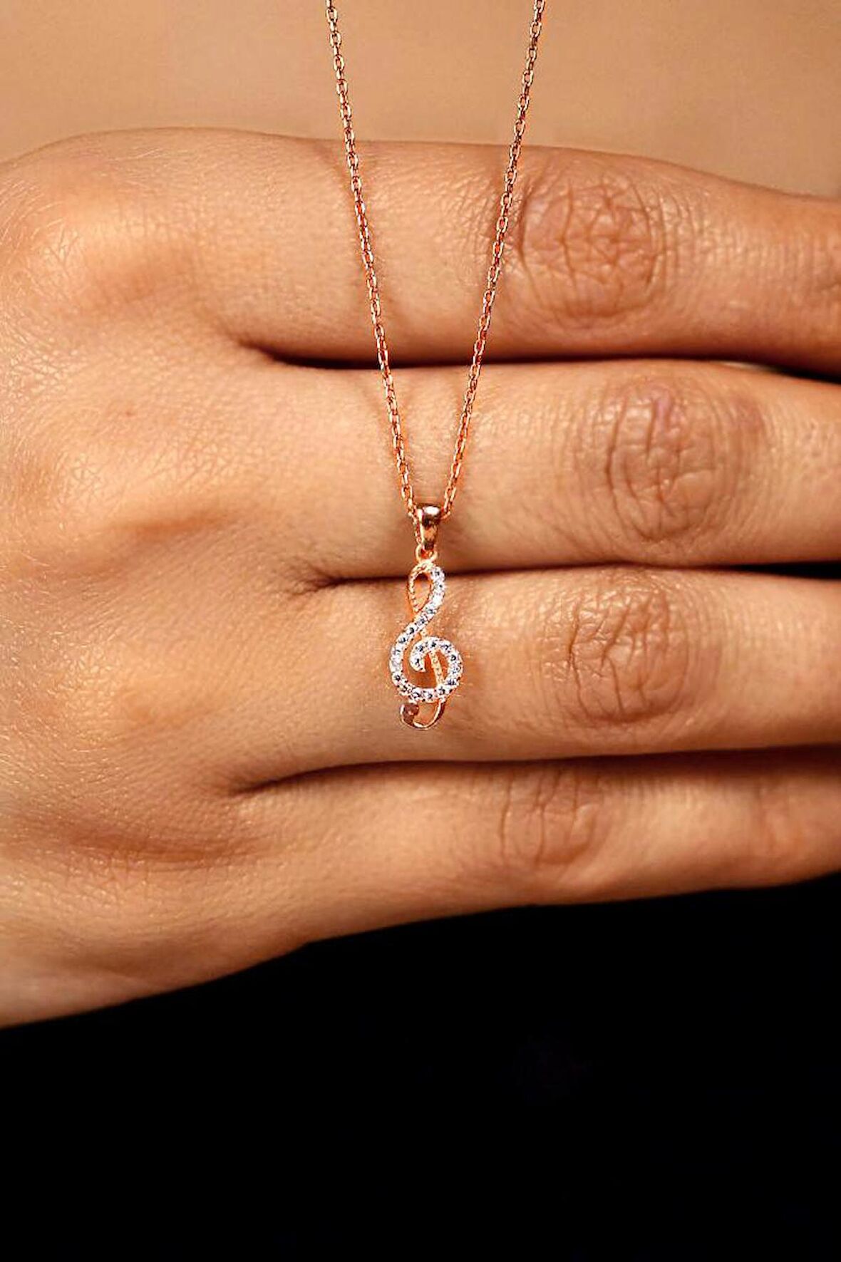 Zirkon Taşlı Rose Sol Anahtarı Minimal Gümüş Kolye