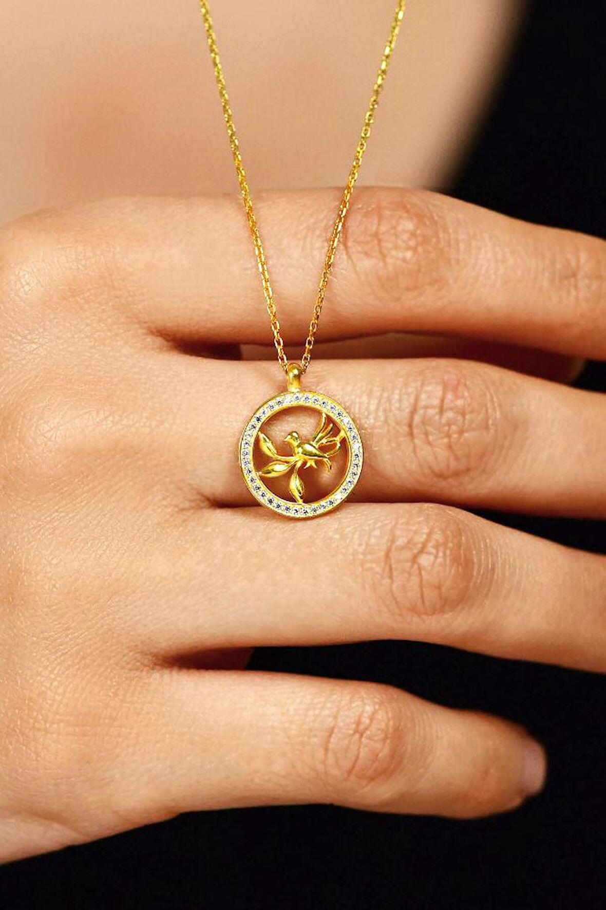 Zirkon Taşlı Gold Yuvarlak Kuş Yuvası Gümüş Kolye
