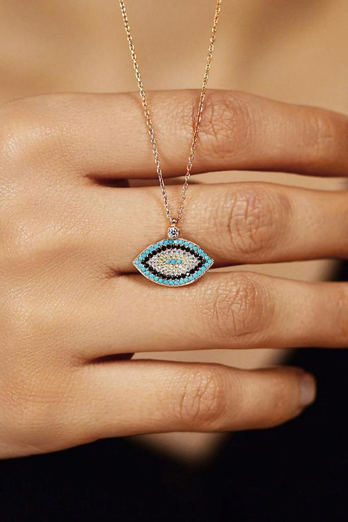 Mix Taşlı Rose Nazarlı Göz Model Gümüş Kolye