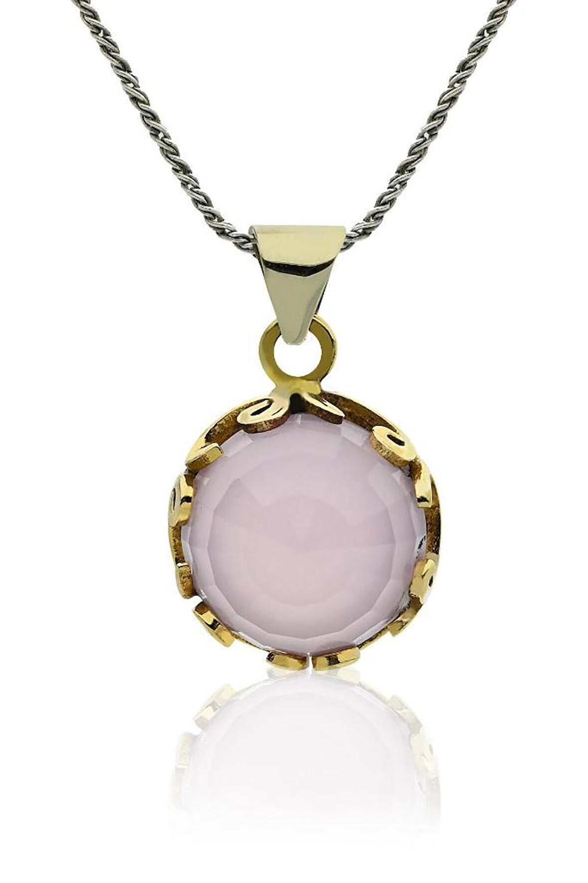 Pembe Kuvars Taşlı Vav Harfi Motifli Otantik Gümüş Kadın Kolye