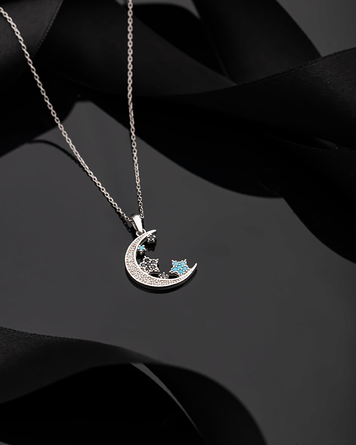 925 Ayar Turkuaz Taşlı Rodyum Ay Yıldız Gökyüzü Gümüş Kolye