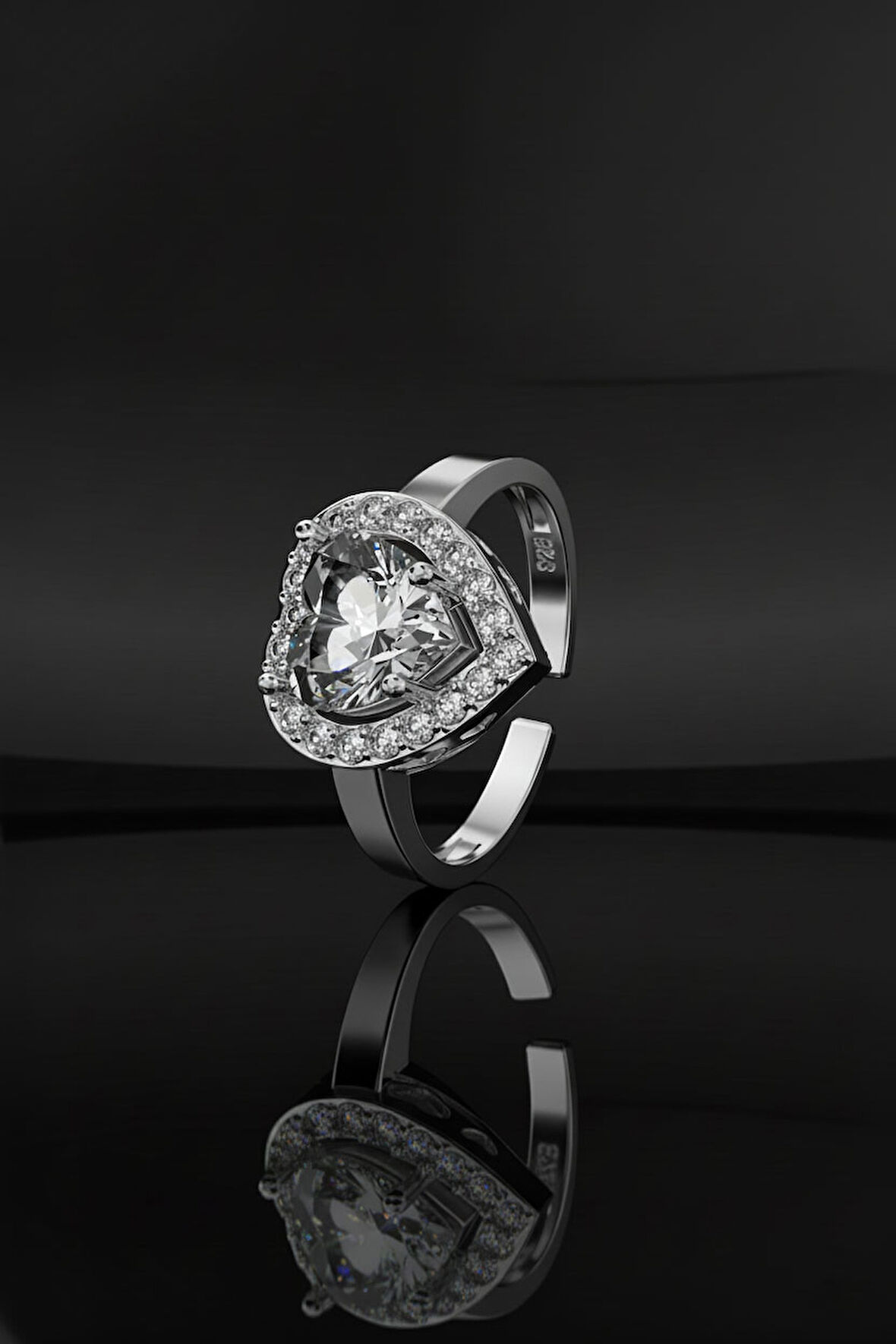 925 Ayar Zirkon Taşlı Rodyum Pırlanta Işıltılı Kalp Ayarlanabilir Gümüş Yüzük