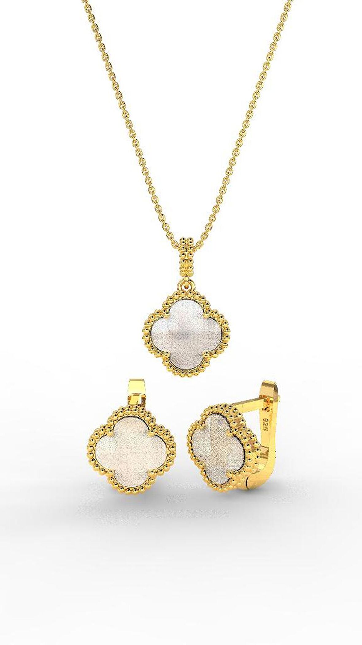 925 Ayar Beyaz Sedef Taşlı Gold Van Cleef Yonca Kolye Küpe 2'li Gümüş Set-Takım