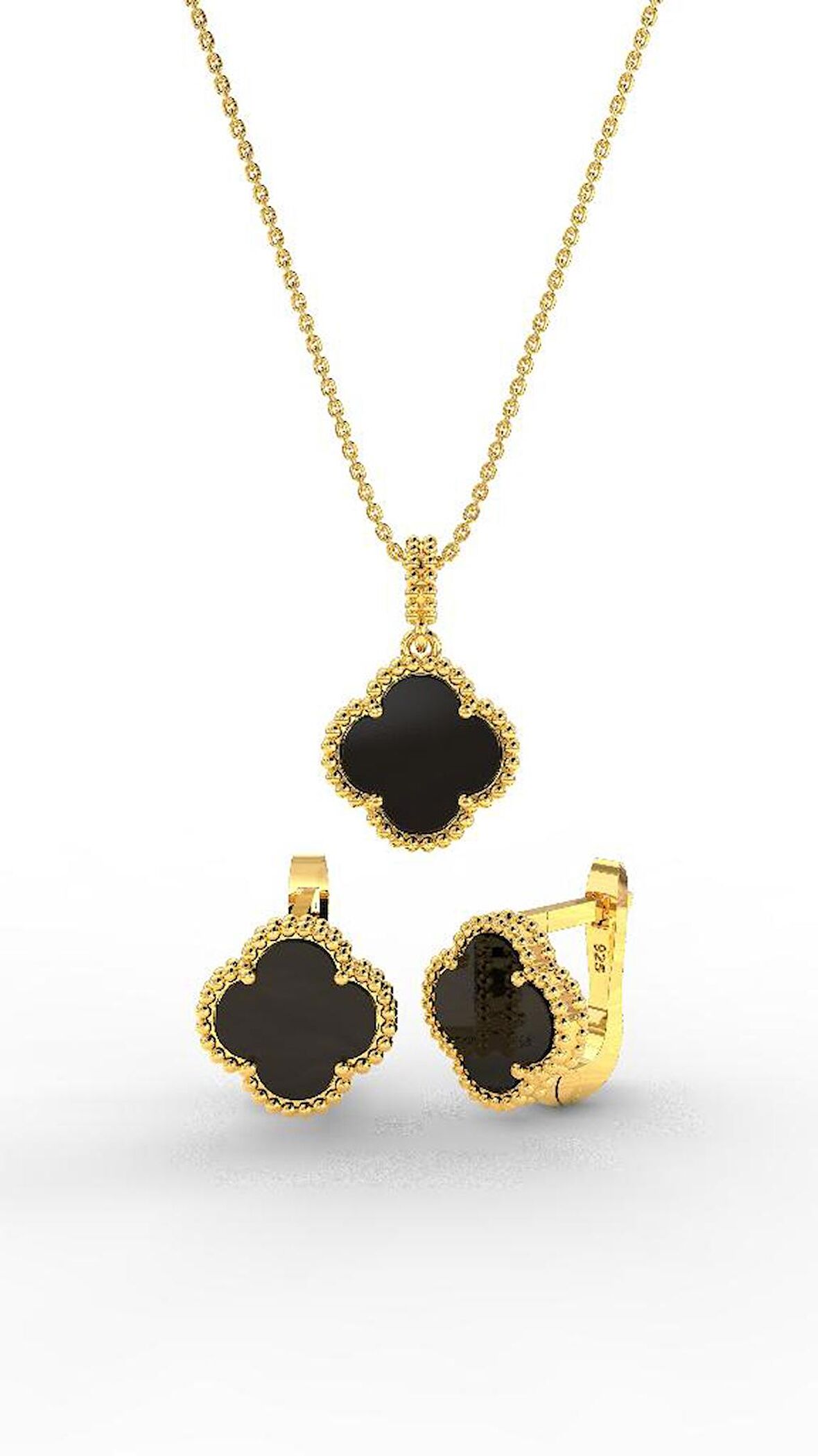 925 Ayar Oniks Taşlı Gold Van Cleef Yonca Kolye Küpe 2'li Gümüş Set-Takım