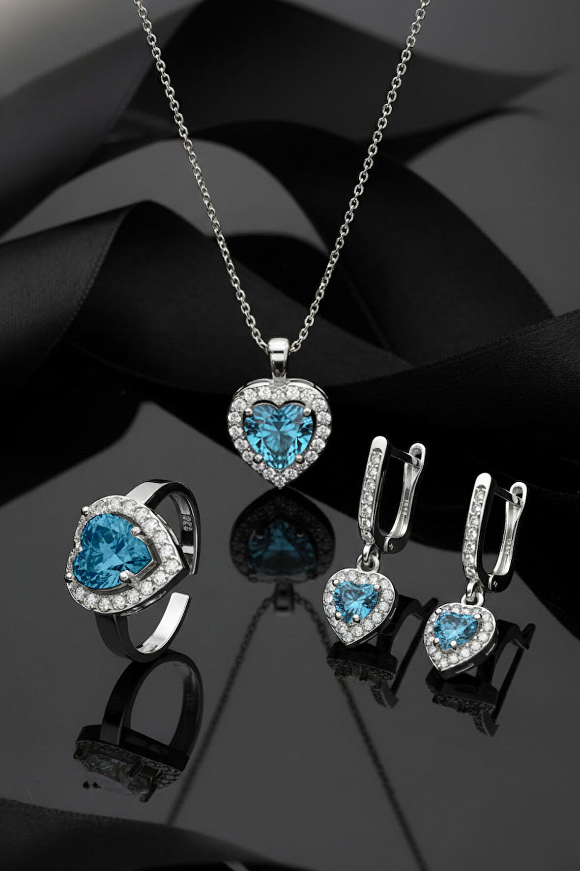 925 Ayar Akuamarin Taşlı Rodyum Pırlanta Işıltılı Kalp 3'lü Gümüş Set-Takım *Ayarlanabilir