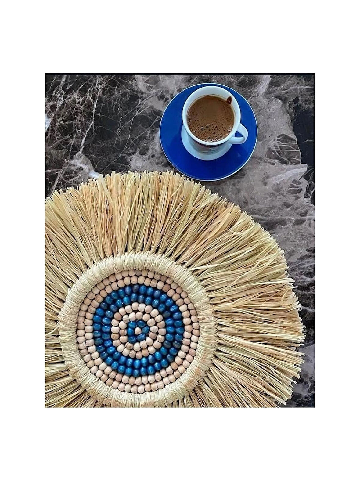 Rafya Mavi Ahşap Boncuklu Duvar Aksesuar Süsü