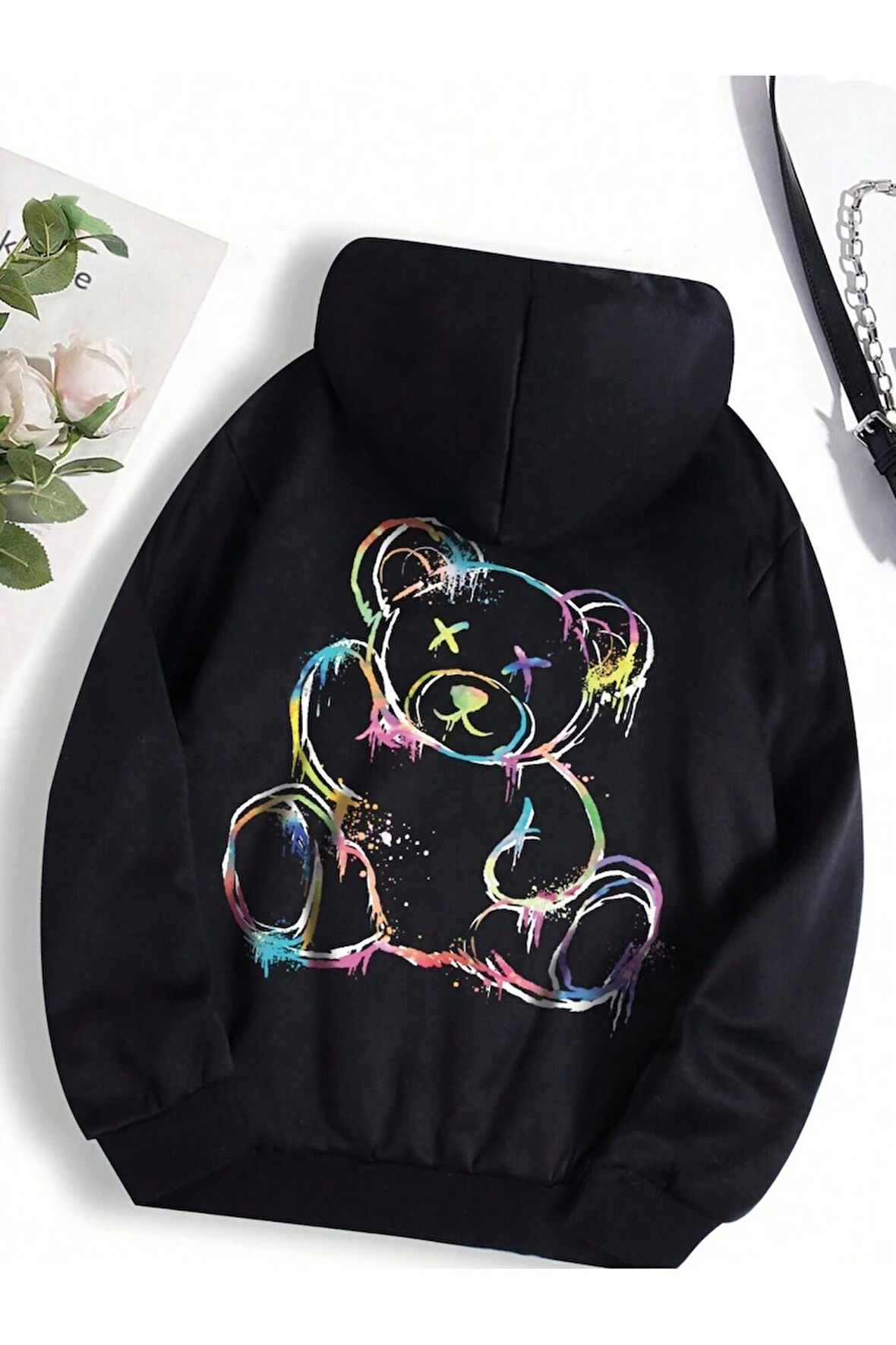 Renkli Oturan Ayıcık Baskılı Unisex Siyah Kanguru Cepli Kapüşonlu Sweatshirt Hoodie | M