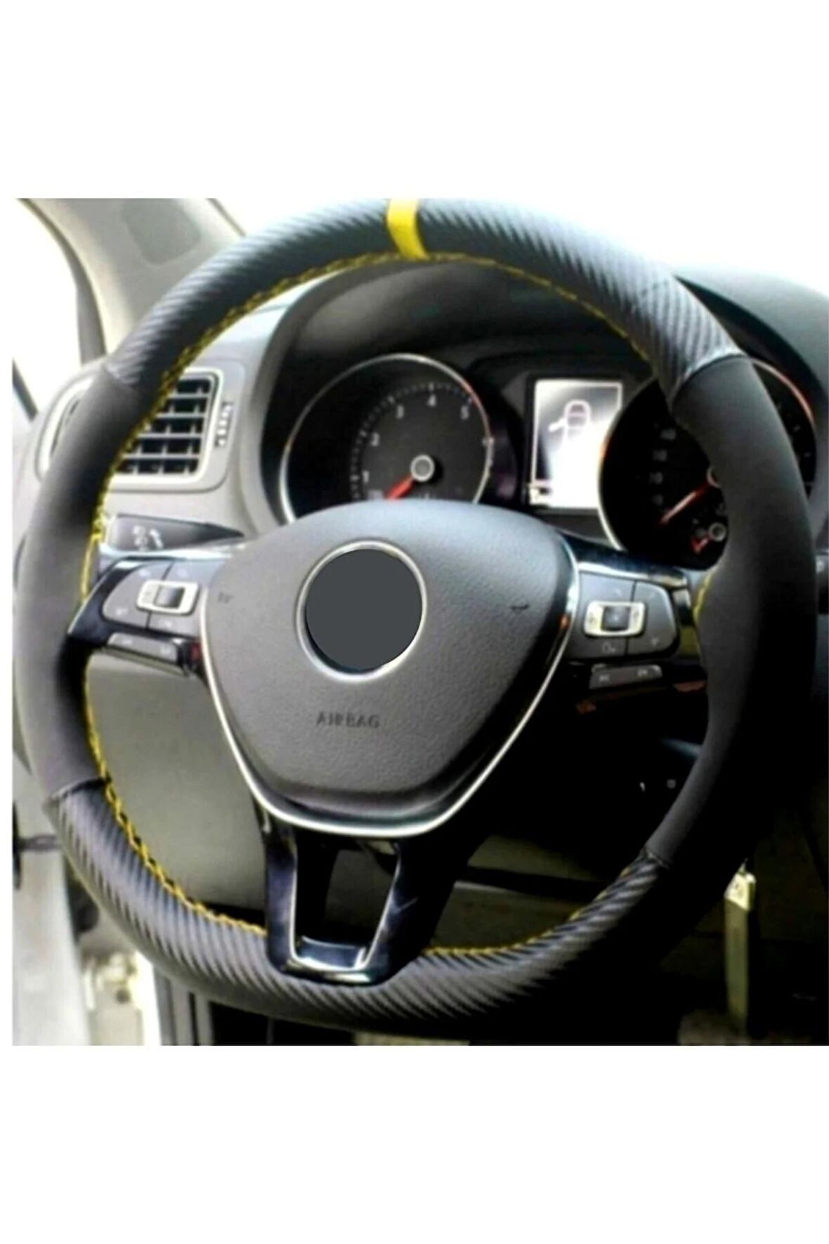 Renault 9 Uyumlu Alkantara Karbon Sarı Yüzüklü Deri Dikmeli Direksiyon Kılıfı