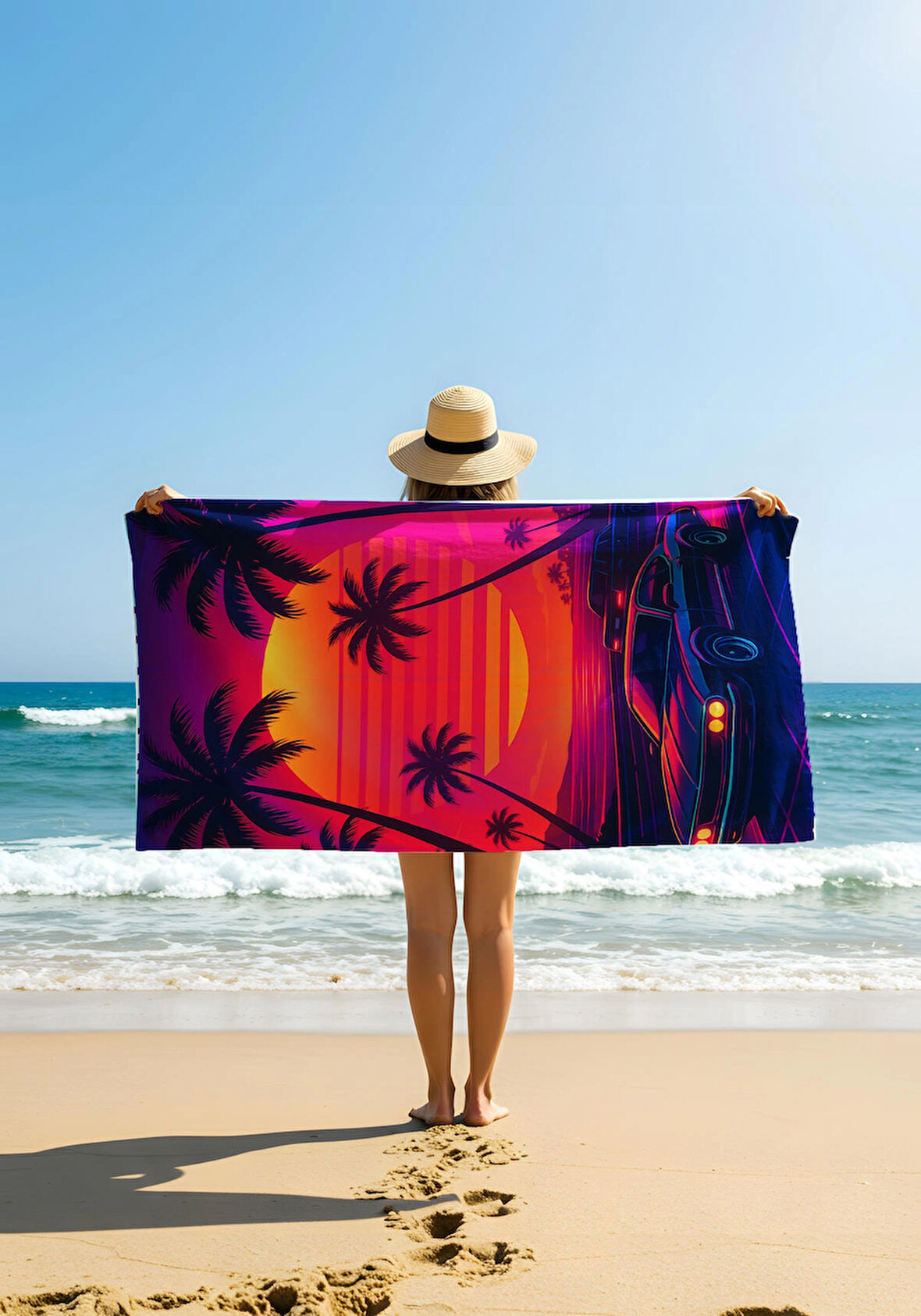 Retro Sunset Palmiye ve Araba Desenli Plaj Havlusu – Neon Yaz Teması