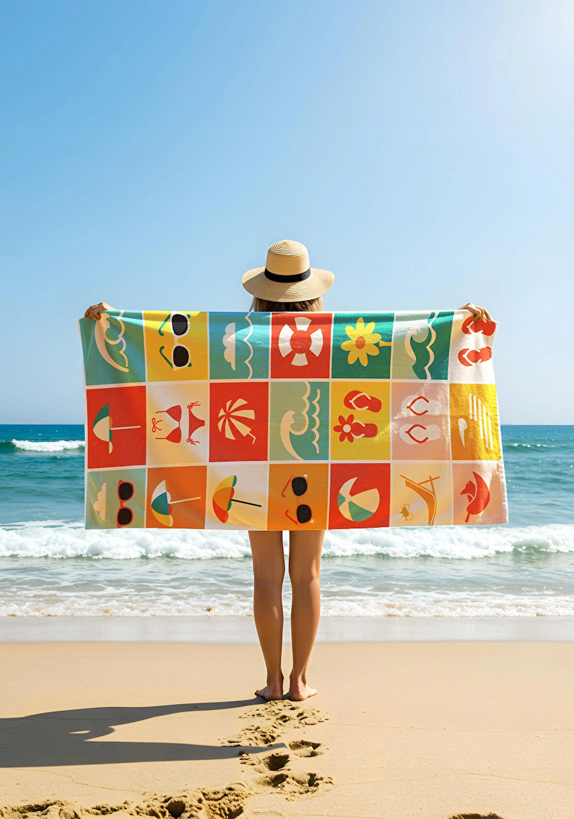Retro Yaz Simgeleri Kareli Desenli Plaj Havlusu – Güneş Gözlüğü, Şemsiye ve Dondurma