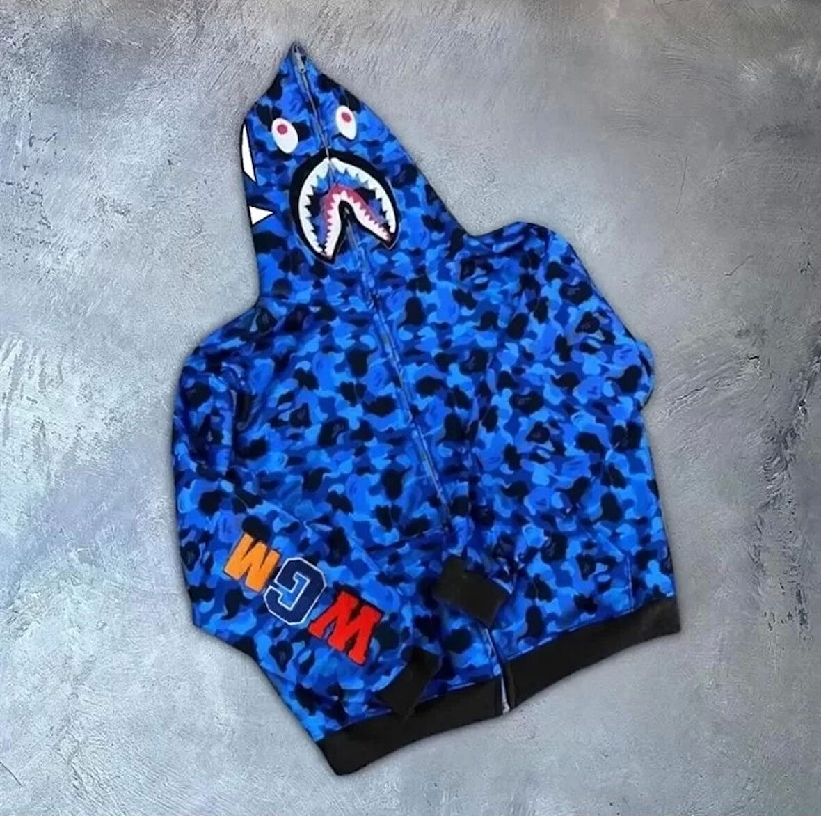 Unisex 2 İplik Bape Kapüşonu Fermuarlı Hırka - Mavi