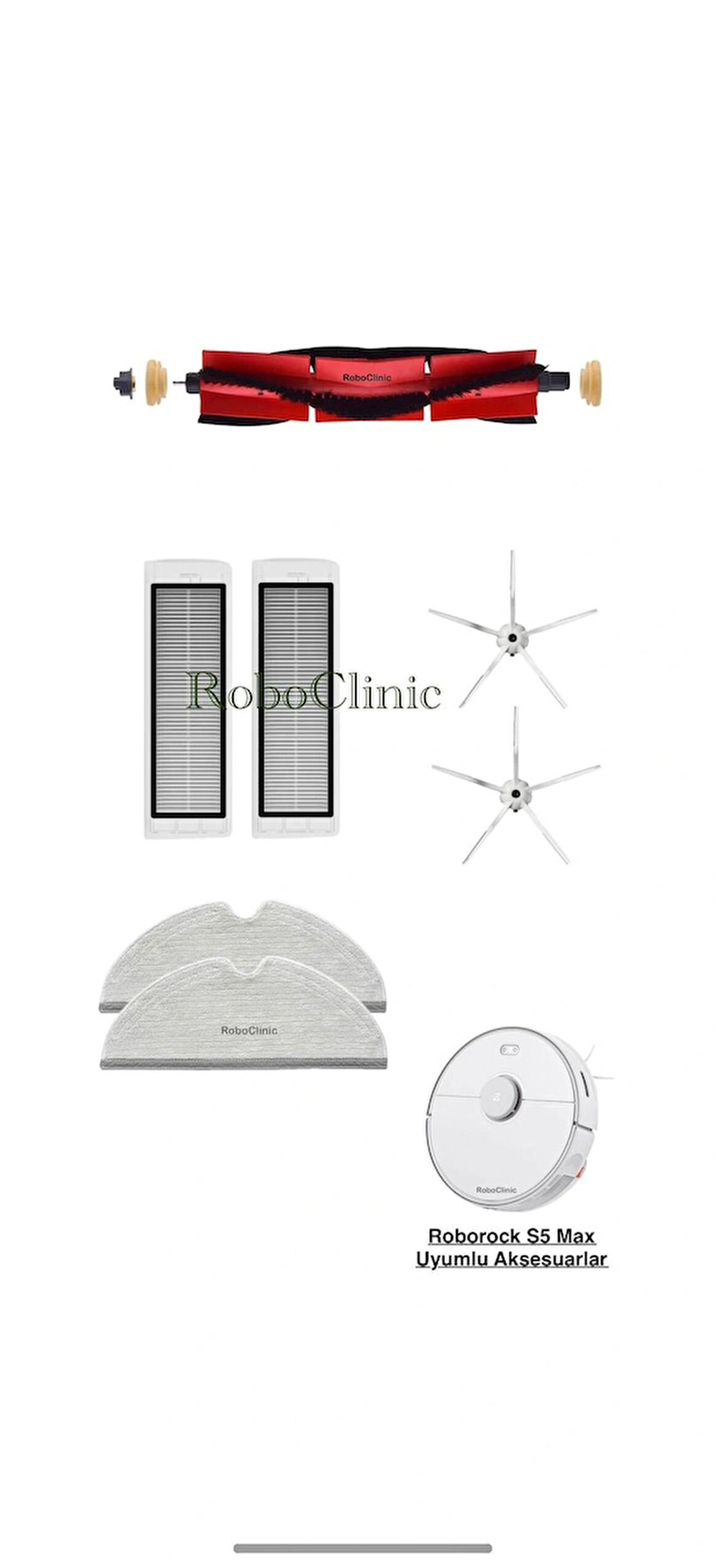 Roborock S5 Max Siyah Yedek Ana Fırça, Yan Fırça, Hepa Filtre, Mop - 7 Parça