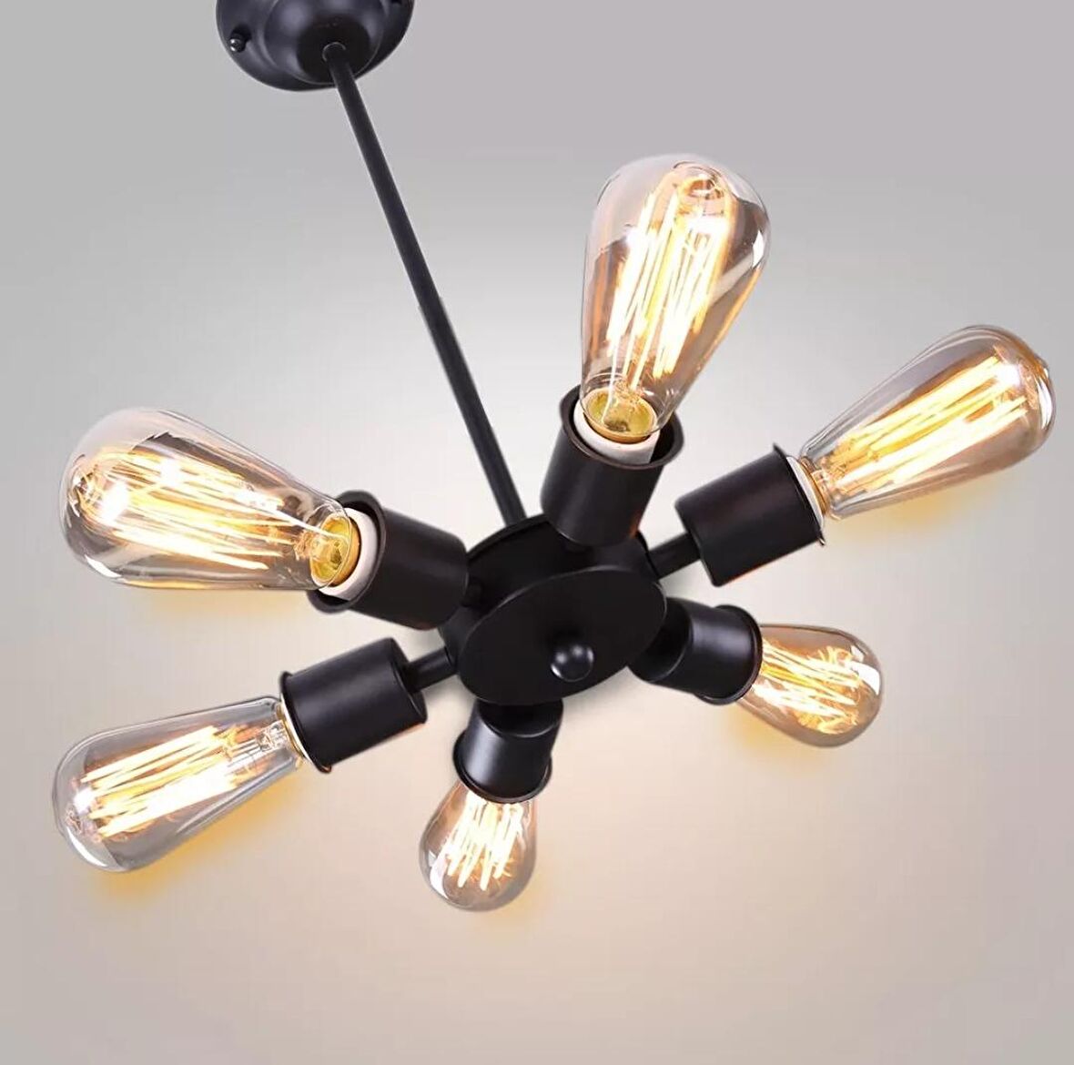 Retro Metal Siyah Altılı Sarkıt Avize Rustik