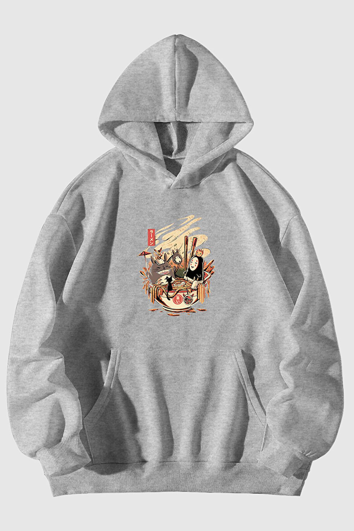Miyazaki Ruhların Kaçışı Baskılı Unisex Siyah Kanguru Cepli Kapüşonlu Sweatshirt Hoodie | S