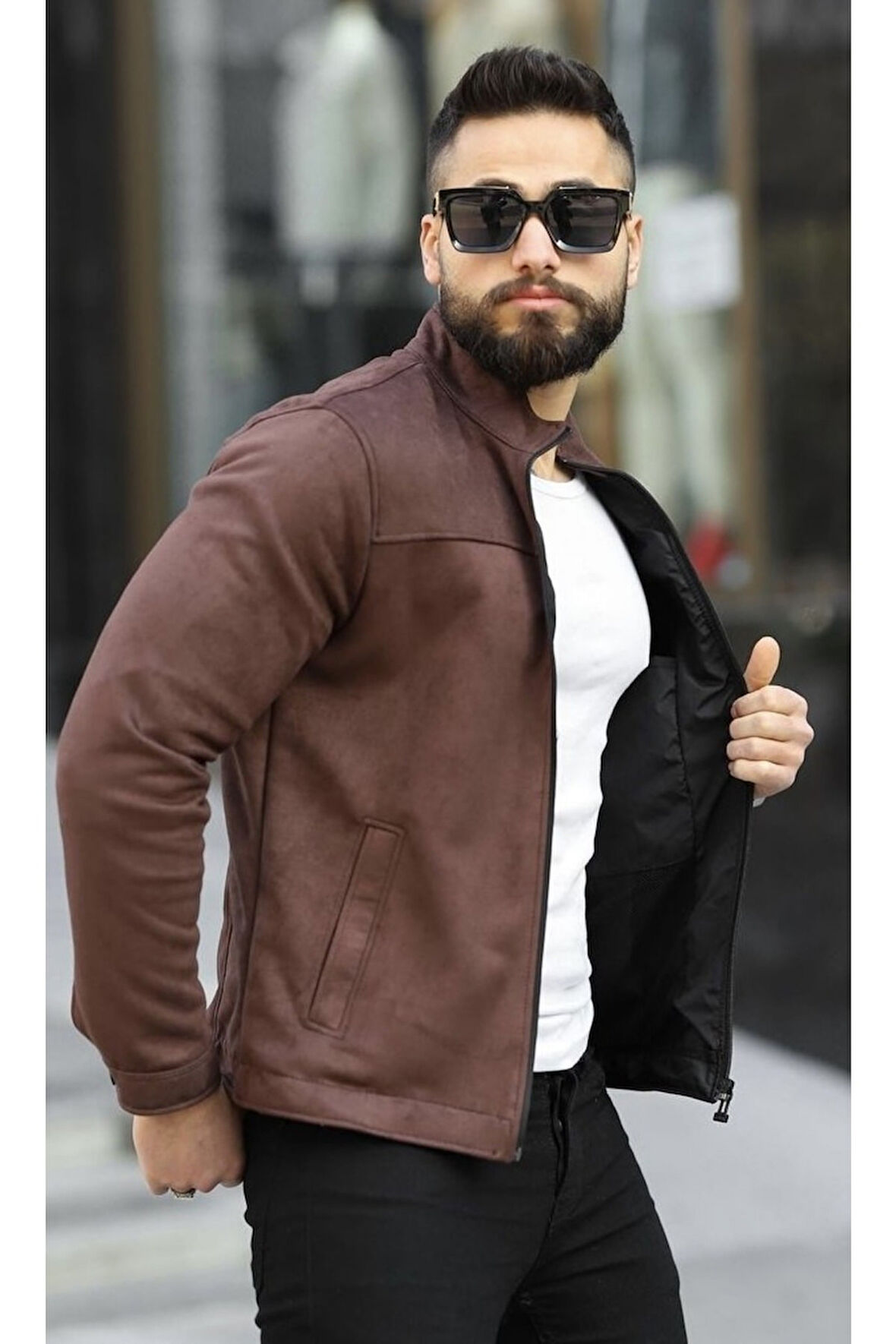 Premium Örme Triko Kol Dik Yaka Süet Ceket