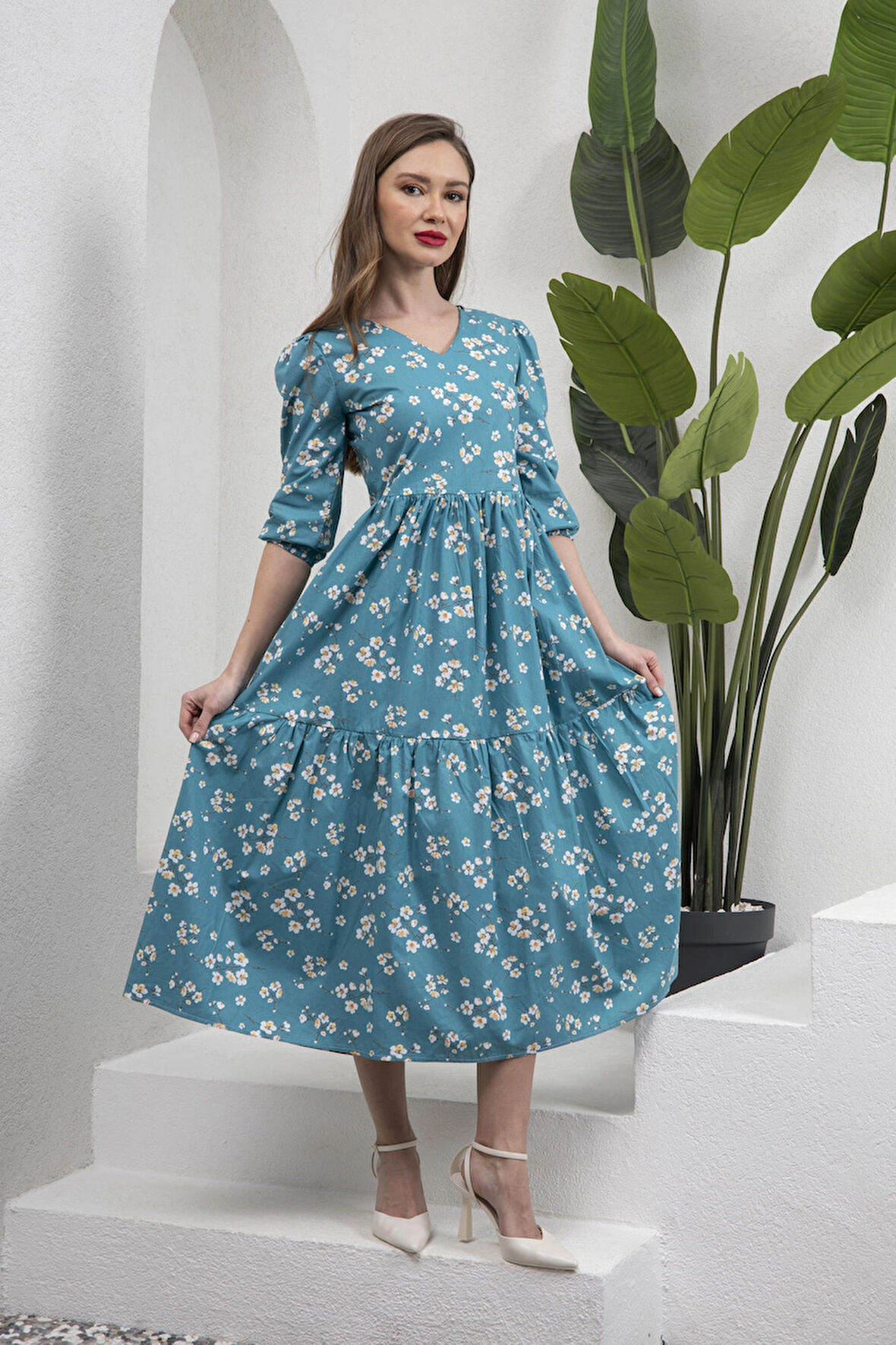 Petrol Mavisi V Yaka Midi Boy Bahar Dalı Poplin Elbise