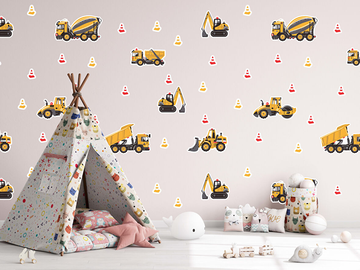 İş Makinaları Sticker Seti Dozer, Kamyon, Kepçe, Mikser, Silindir ve Dubalar 25 Parça