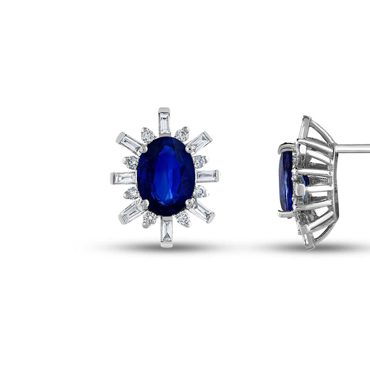 0.34 Karat Baget Taşlı Pırlantalı Safir Küpe
