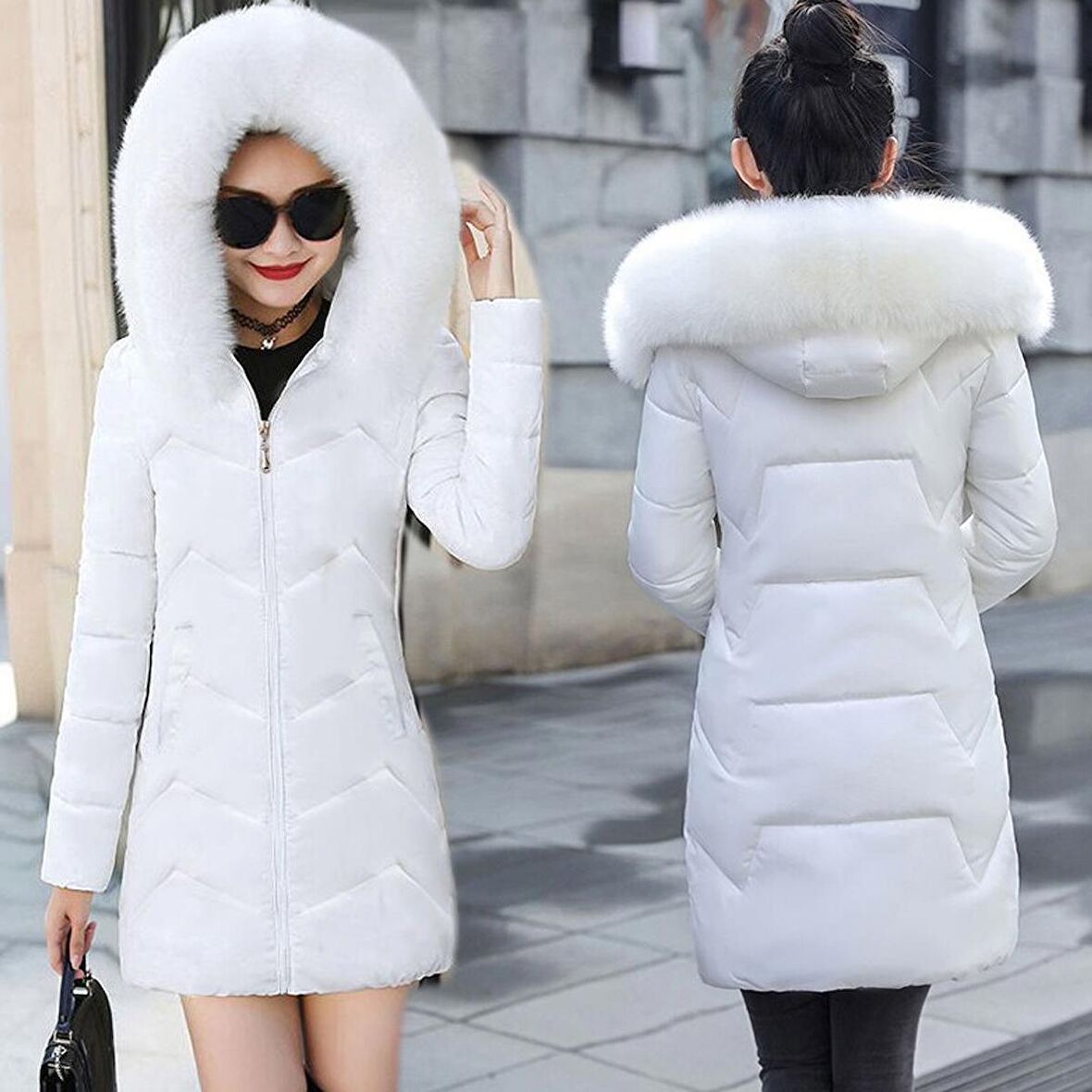 Barbora Günlük Kışlık Kapişonu Kürklü Kadın Şişme Mont bt331beyaz