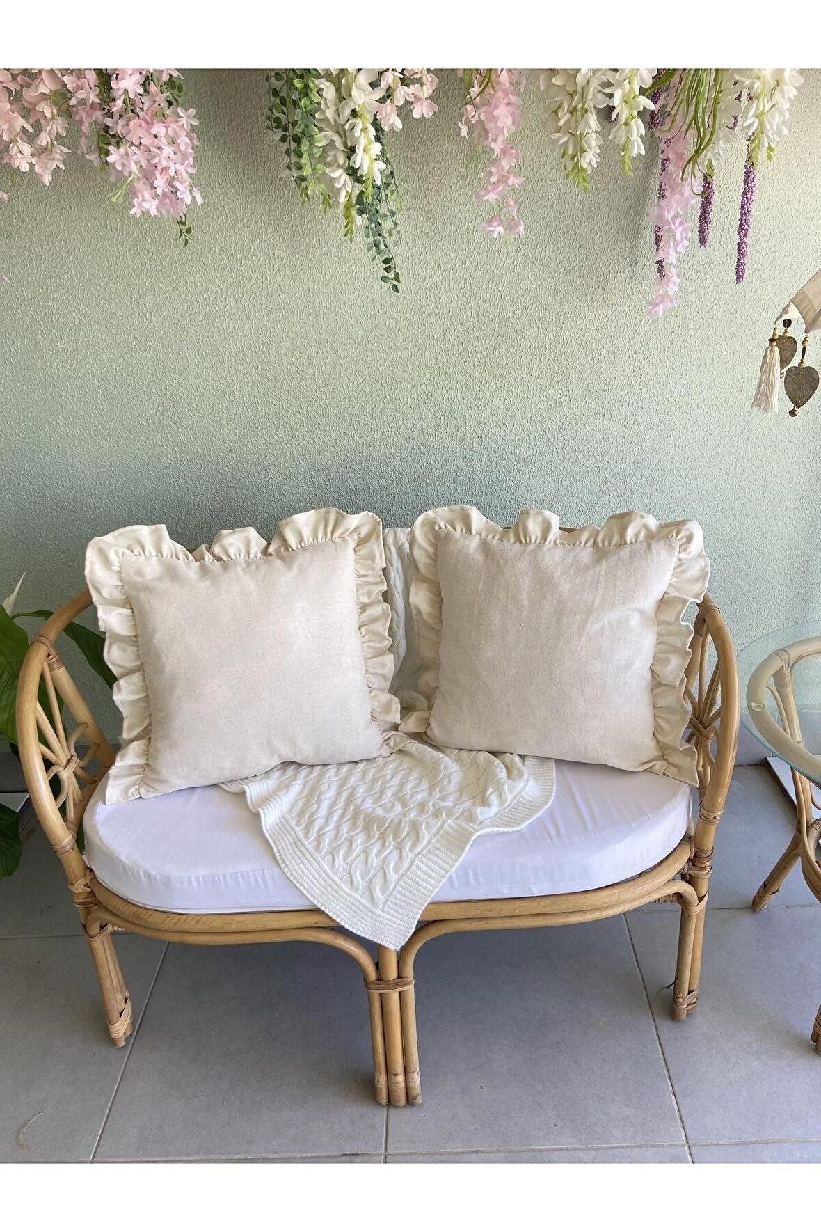 Keten, Bohem, Fırfırlı, Vintage, 2'li Kare Kırlent Kılıfı