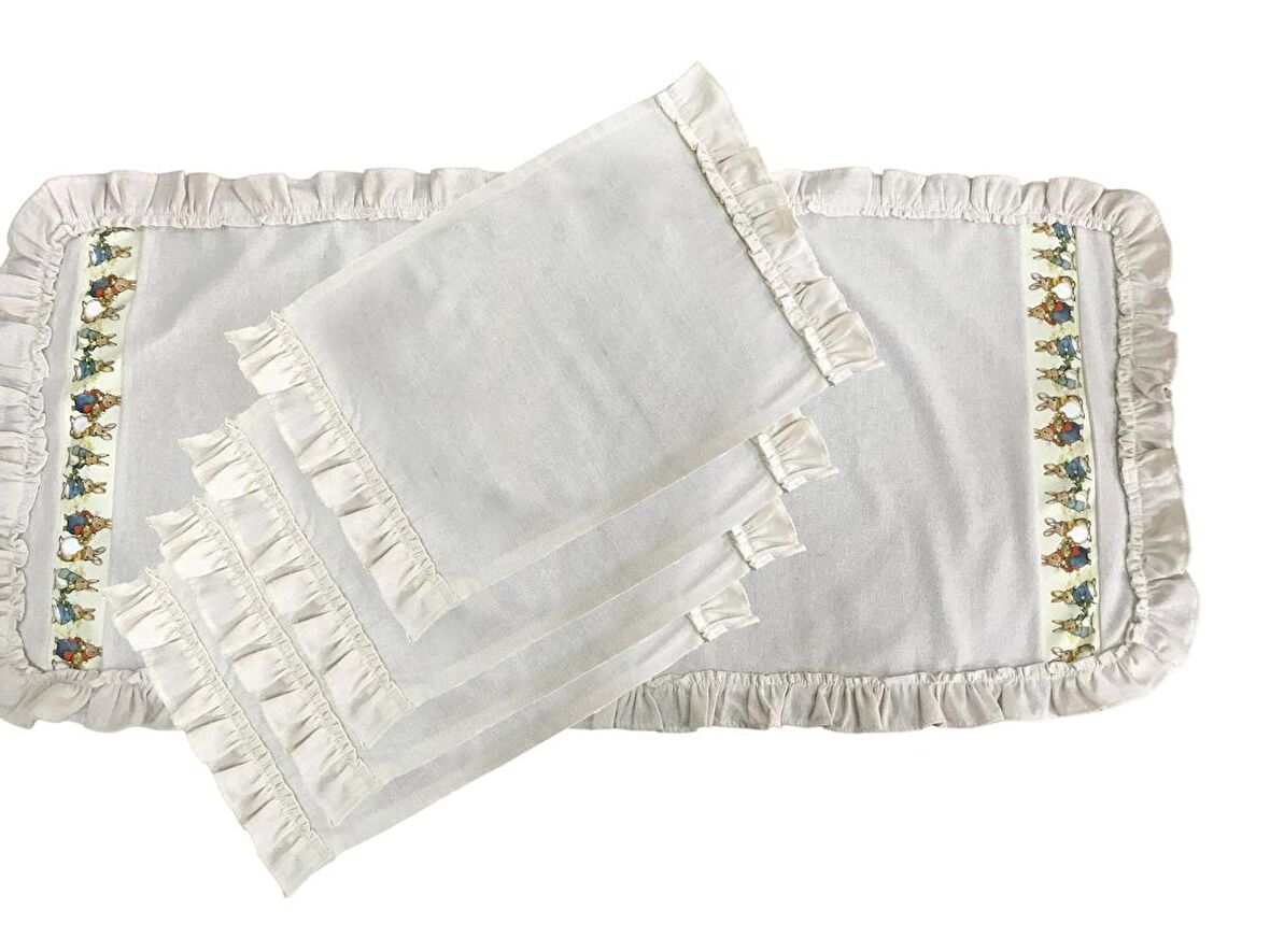Keten, Bohem, Fırfırlı, Vintage, 4 Adet Amerikan Servis ve Fırfırlı Runner Tavşan Set