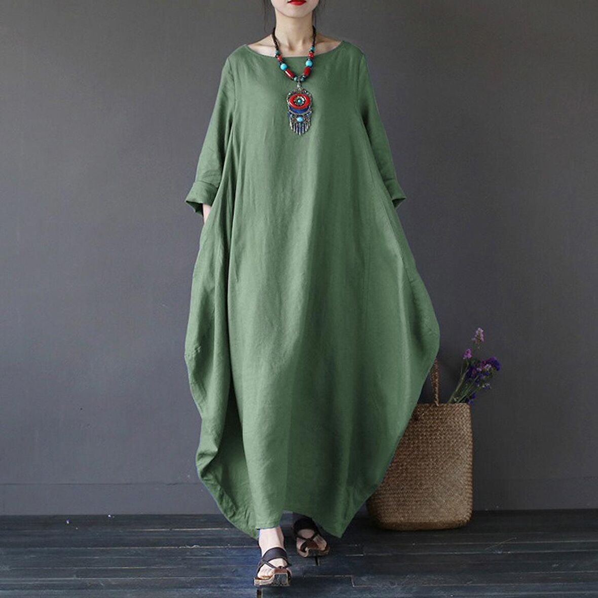 Barbora Keten Rahat Baharlık Salaş Panço Kadın Elbise LN1040haki8