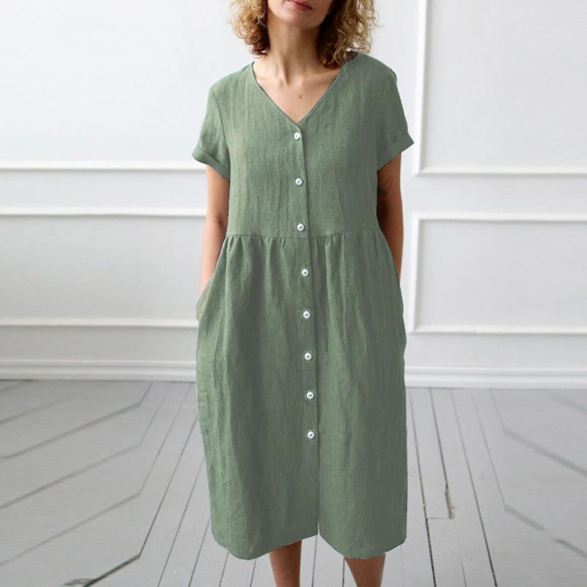 Barbora Keten Günlük Yazlık V yaka Kısa Kol Düğme Detaylı Kadın Elbise LN278haki8