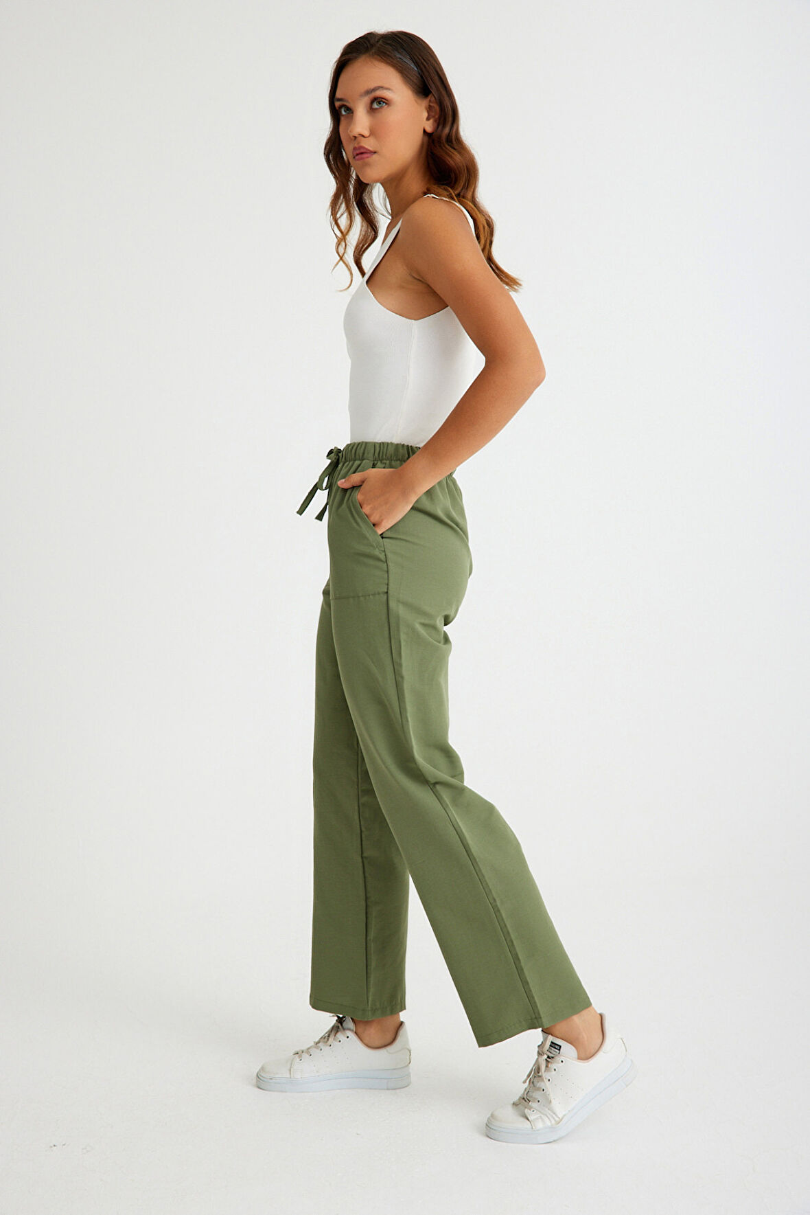 Barbora Keten Günlük Pantolon Beli Bağcıklı Ln14haki11