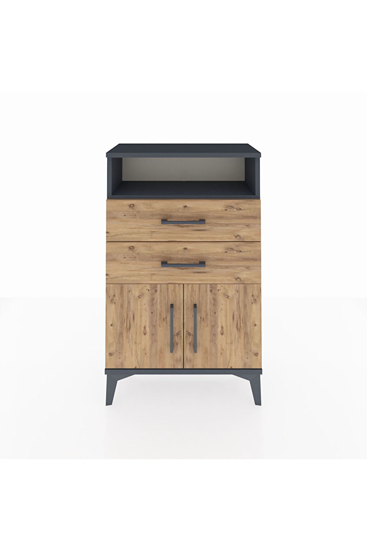 Arges Komodin Tek Raflı 2 Çekmeceli 2 Kapaklı 60x30x96 Antrasit-Çam