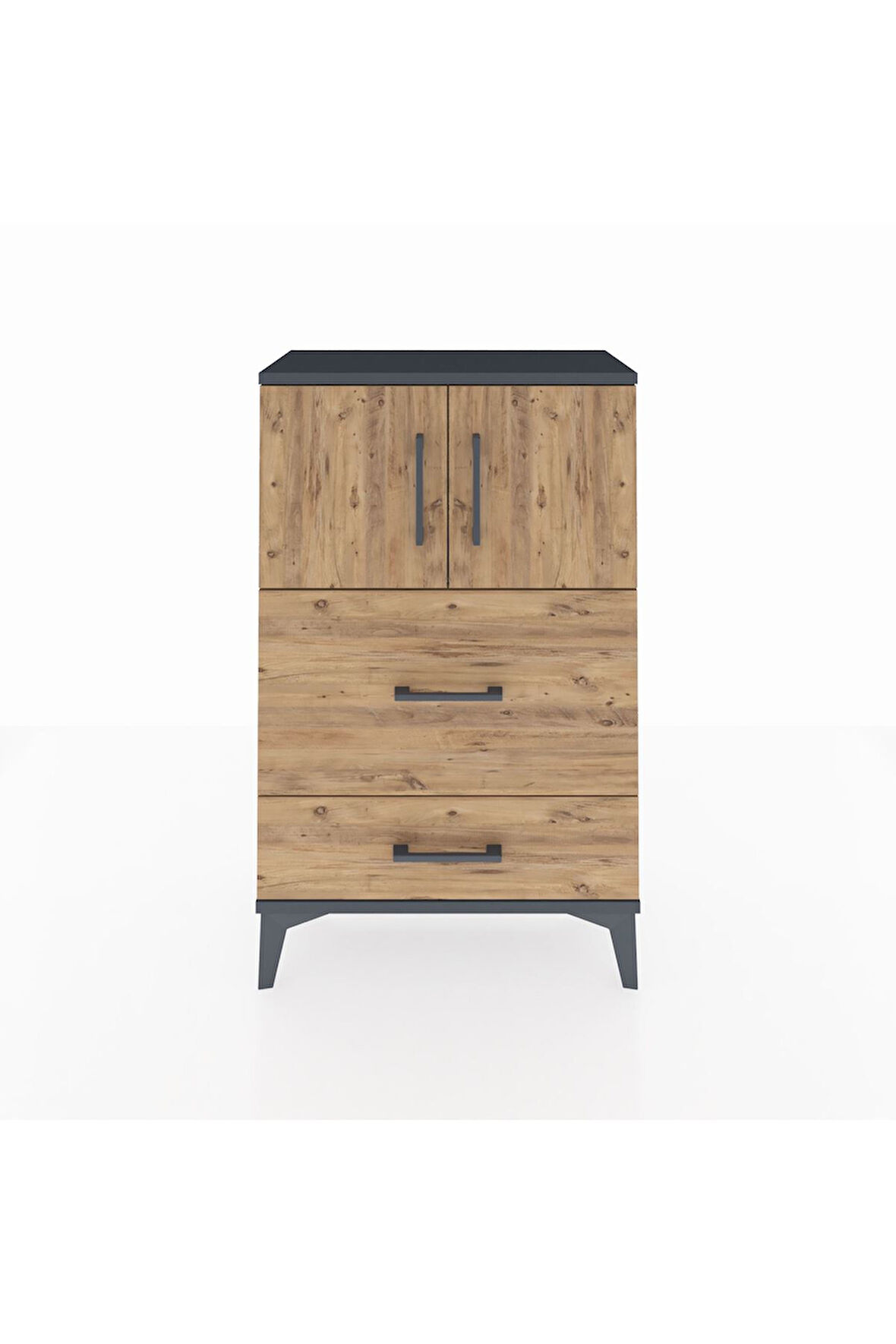 Arges Komodin Tek Raflı 2 Çekmeceli 2 Kapaklı 60x30x96 Antrasit-Çam