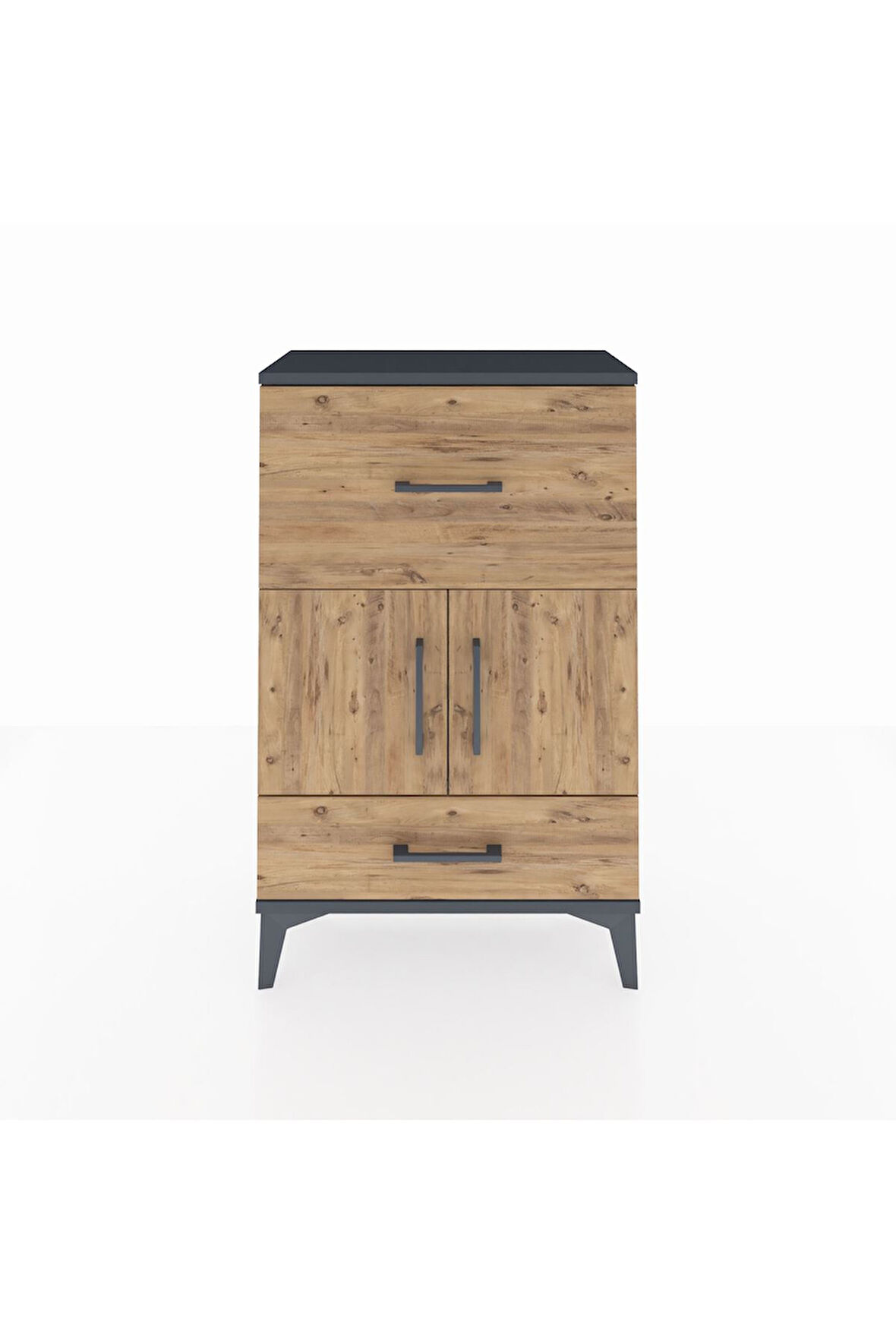 Arges Komodin Tek Raflı 2 Çekmeceli 2 Kapaklı 60x30x96 Antrasit-Çam