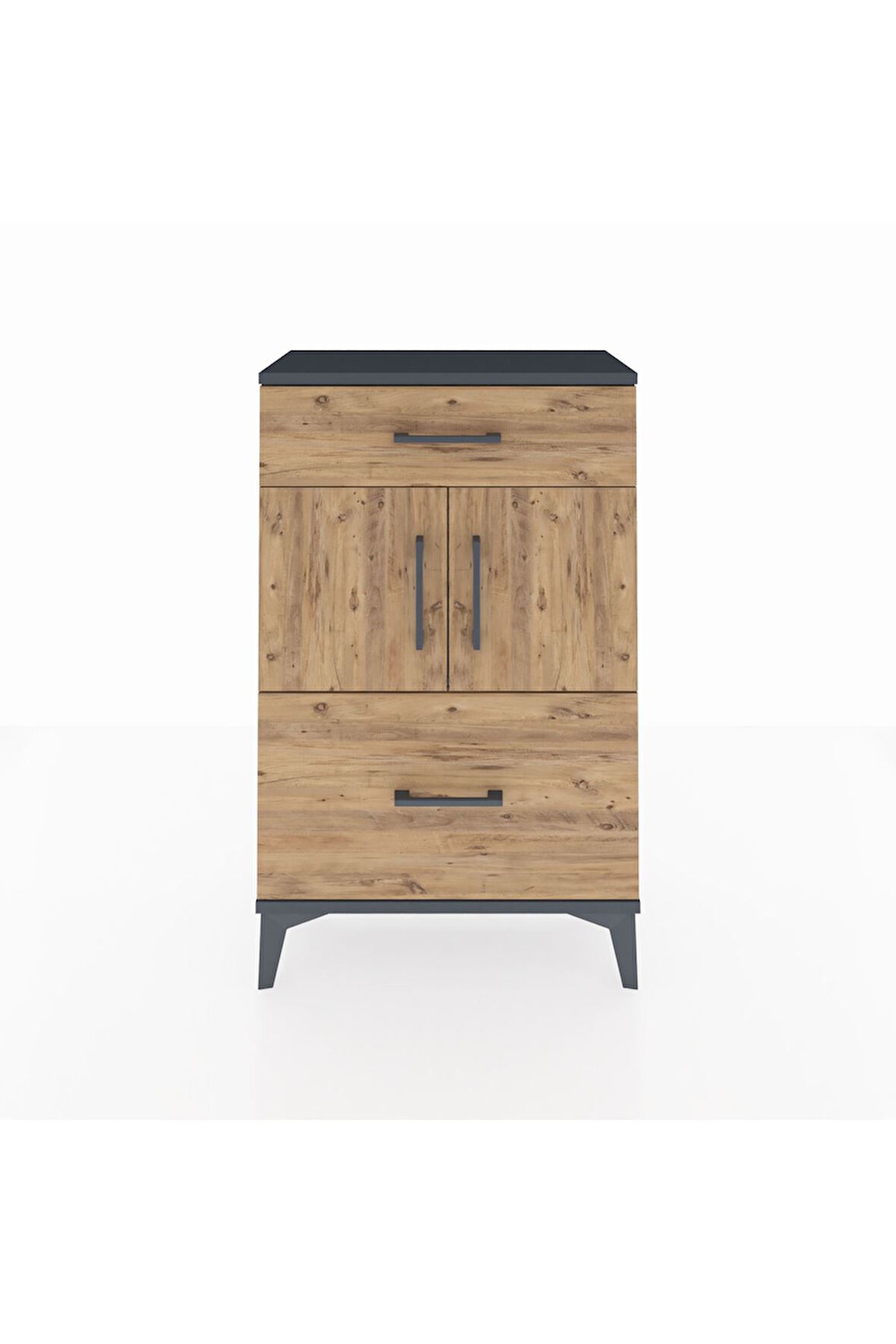 Arges Komodin Tek Raflı 2 Çekmeceli 2 Kapaklı 60x30x96 Antrasit-Çam